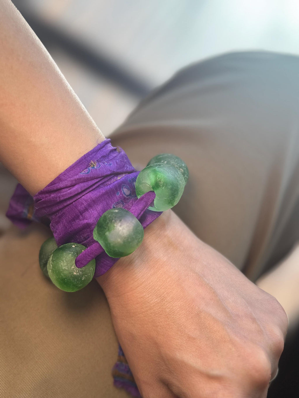 Recycled Glass Bead Necklace with Vintage Sari Silk