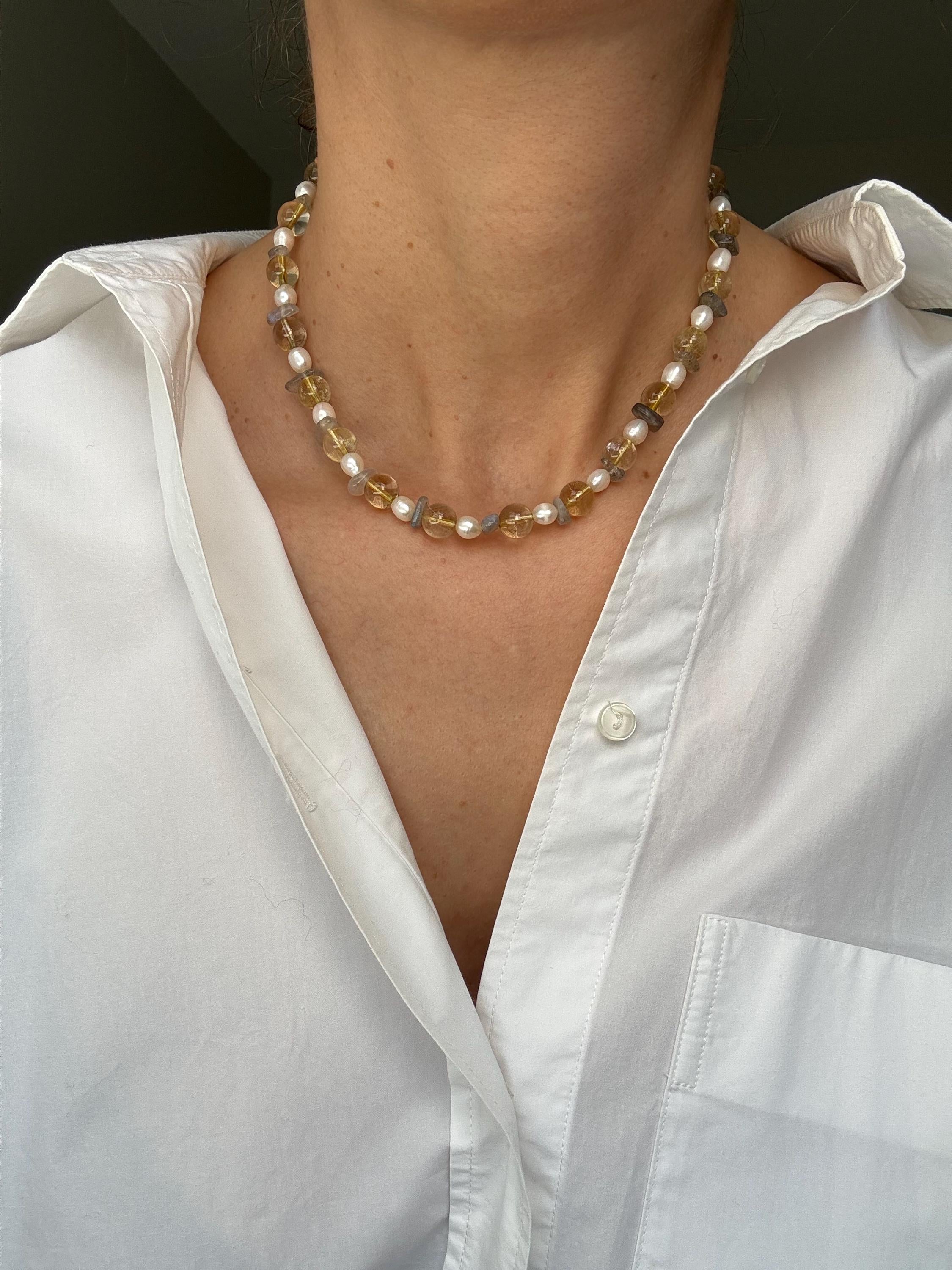 Golden Rutilated Quartz Necklace with Labradorite and Pearl