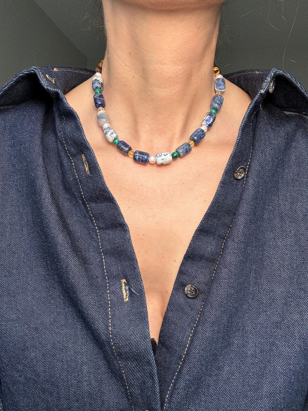 Five Stone Gemstone Necklace: Sodalite, Tiger's Eye, Pearl, Citrine, Malachite