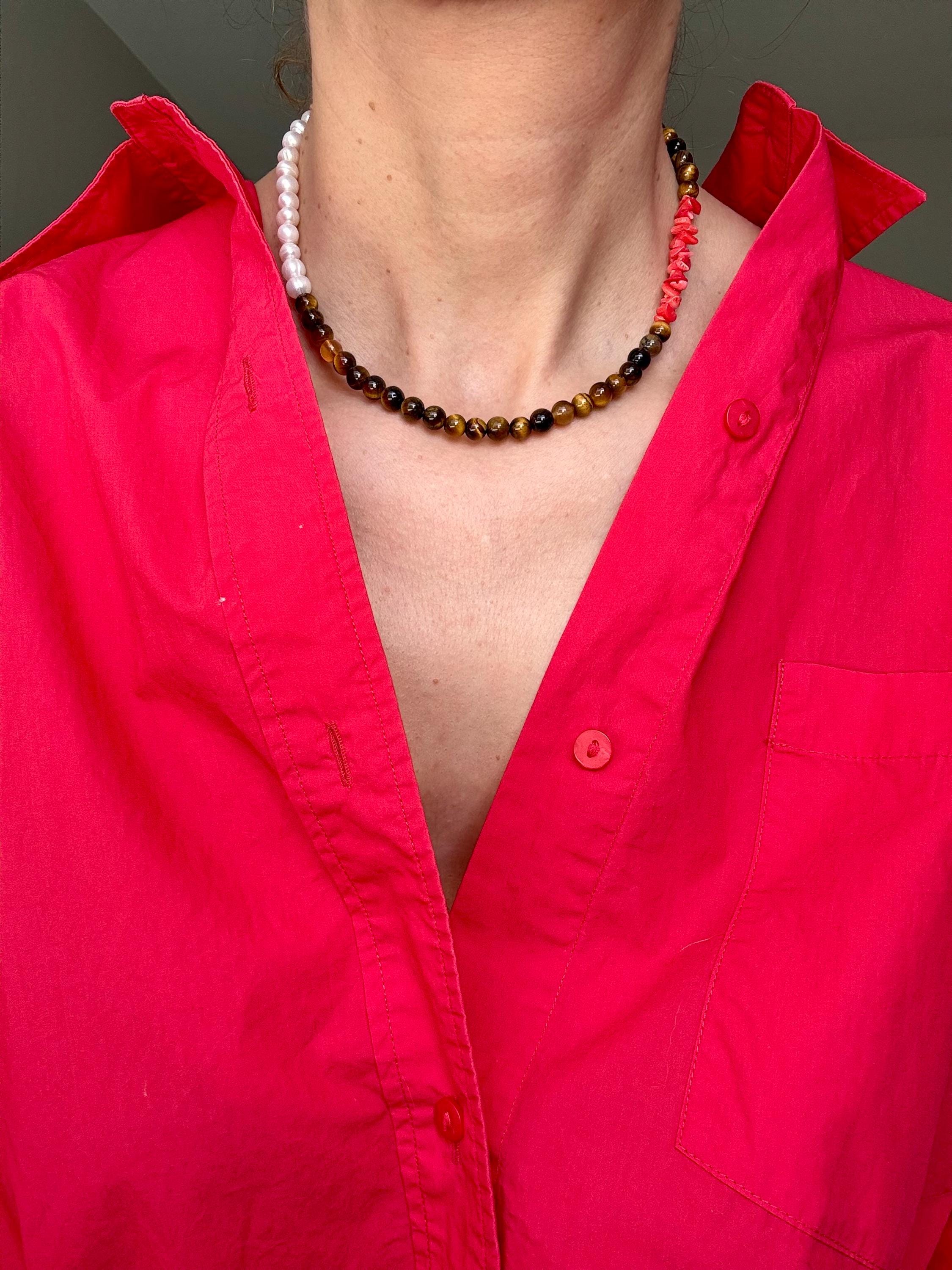 Tiger's Eye, Coral  Pearl Necklace