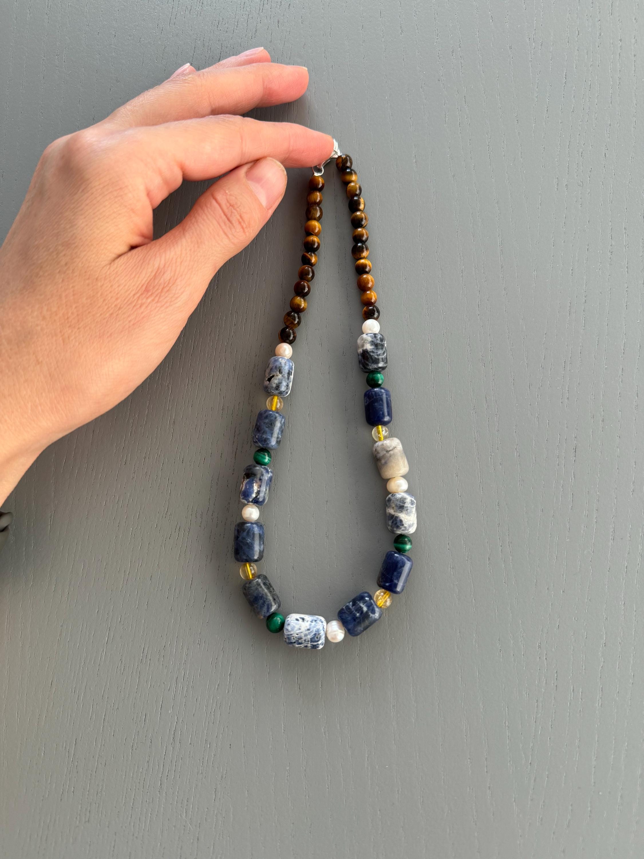 Five Stone Gemstone Necklace: Sodalite, Tiger's Eye, Pearl, Citrine, Malachite