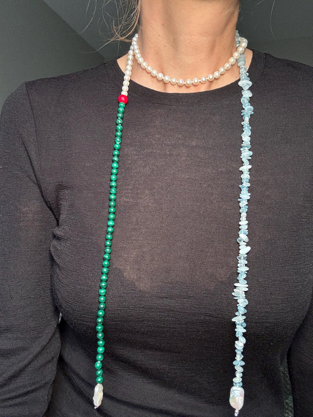 Pearl Malachite Aquamarine Coral Necklace