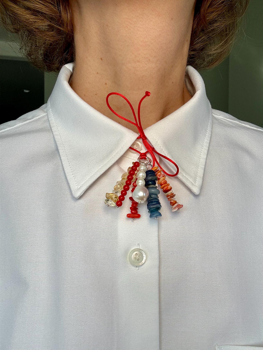 Red Silk Necklace with Mixed Gemstone Charms