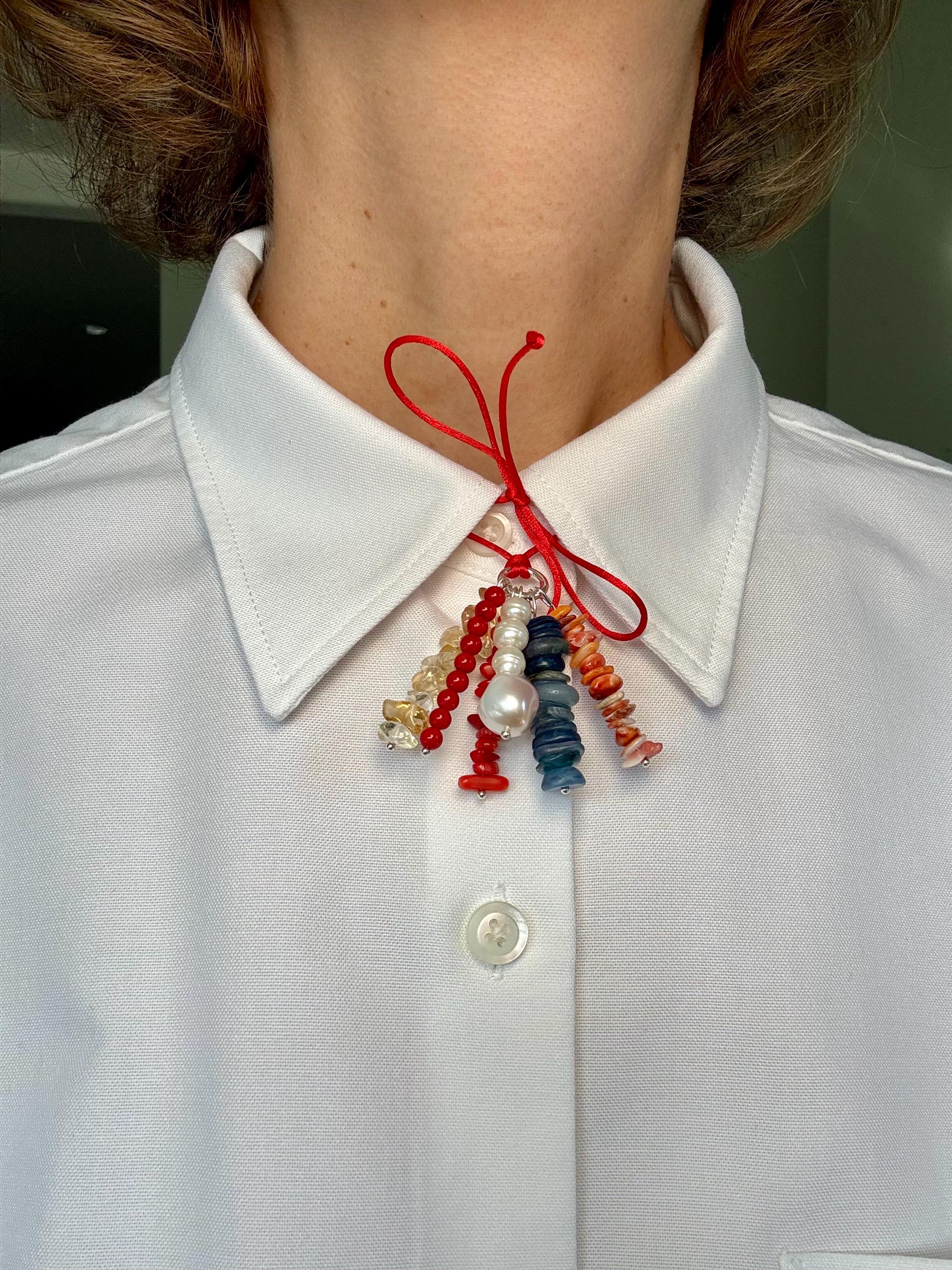 Red Silk Necklace with Mixed Gemstone Charms