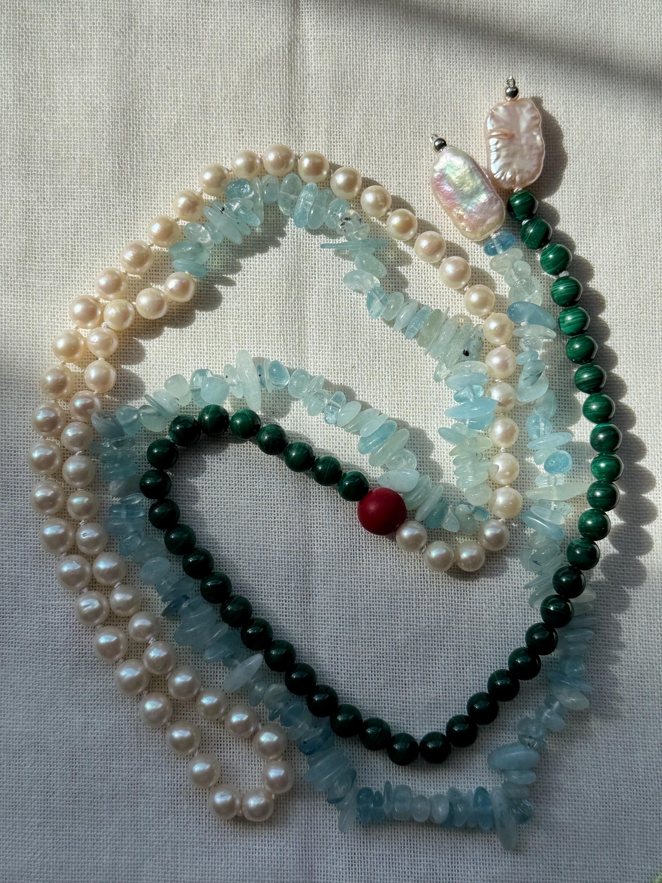 Pearl Malachite Aquamarine Coral Necklace