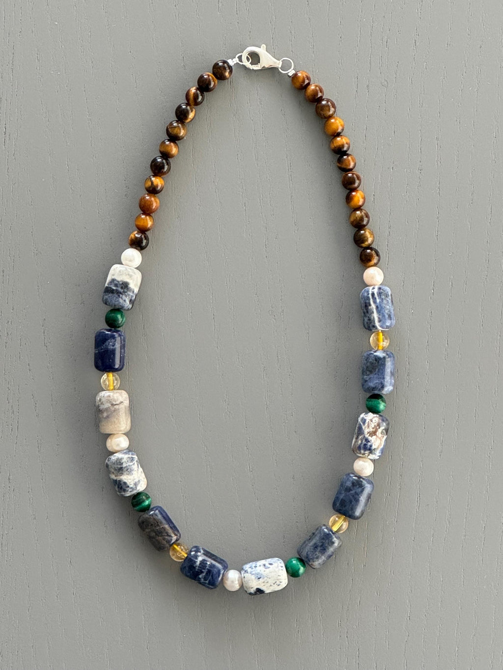 Five Stone Gemstone Necklace: Sodalite, Tiger's Eye, Pearl, Citrine, Malachite
