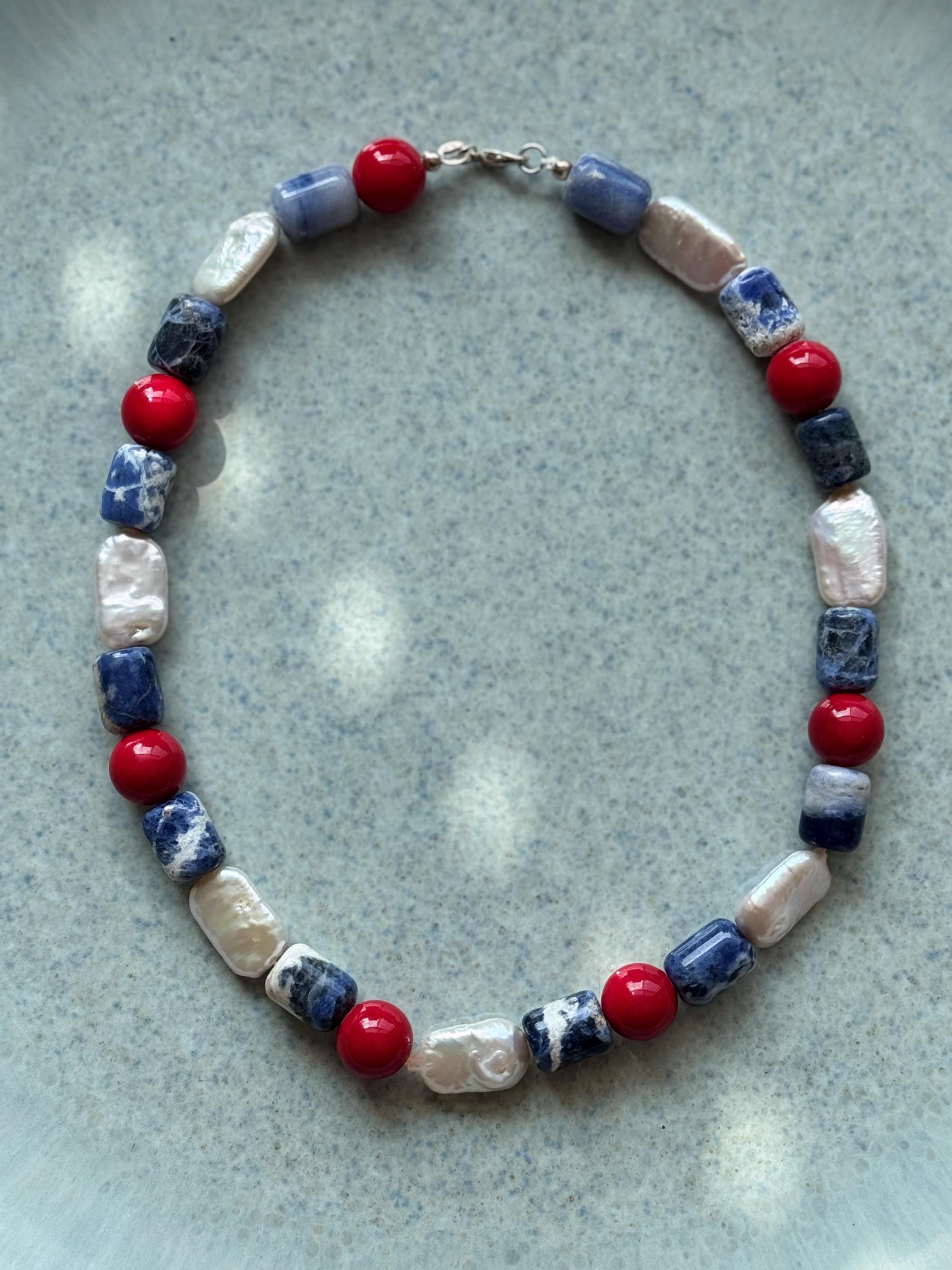Sodalite Coral Baroque Pearl Necklace