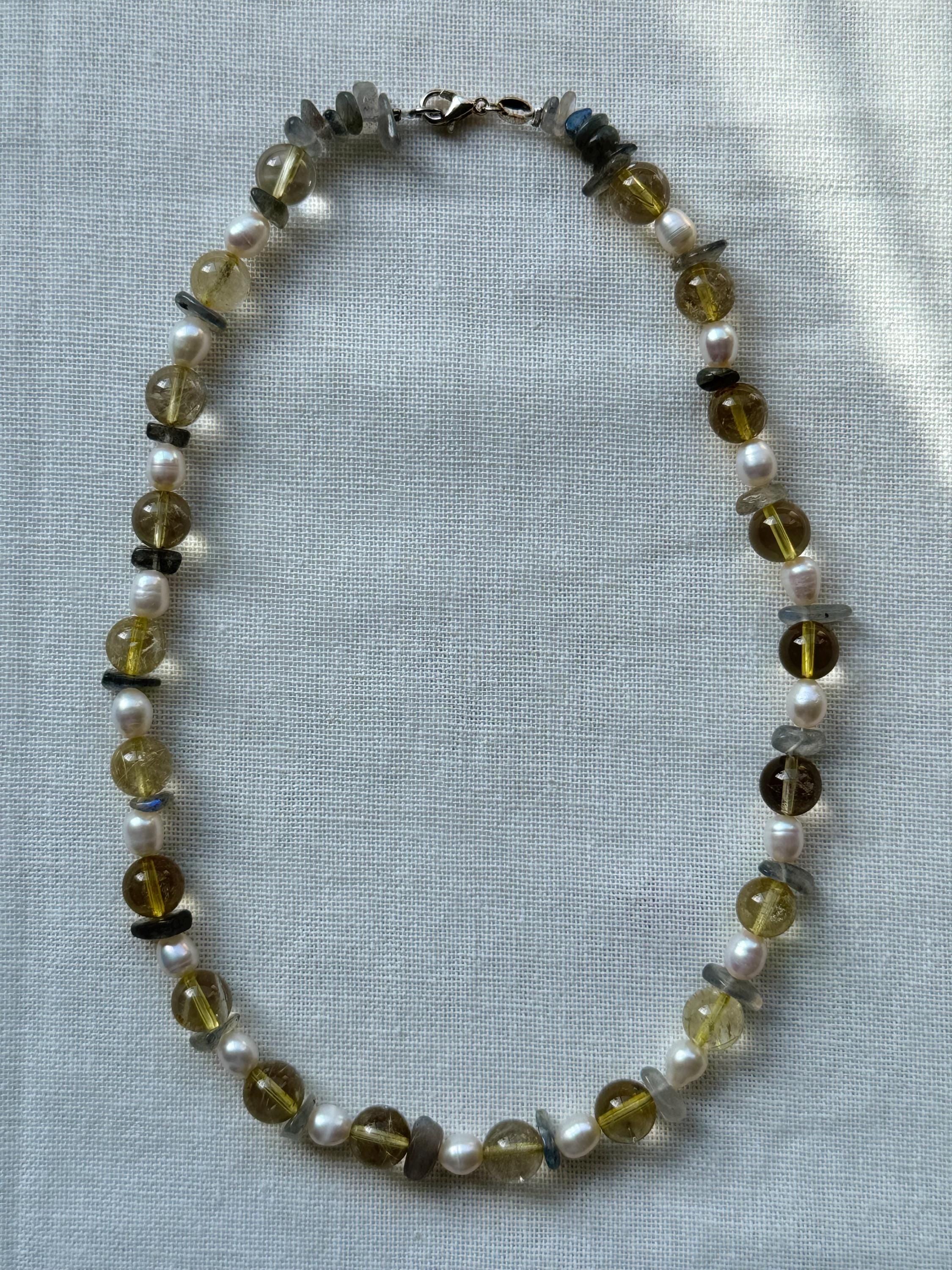 Golden Rutilated Quartz Necklace with Labradorite and Pearl