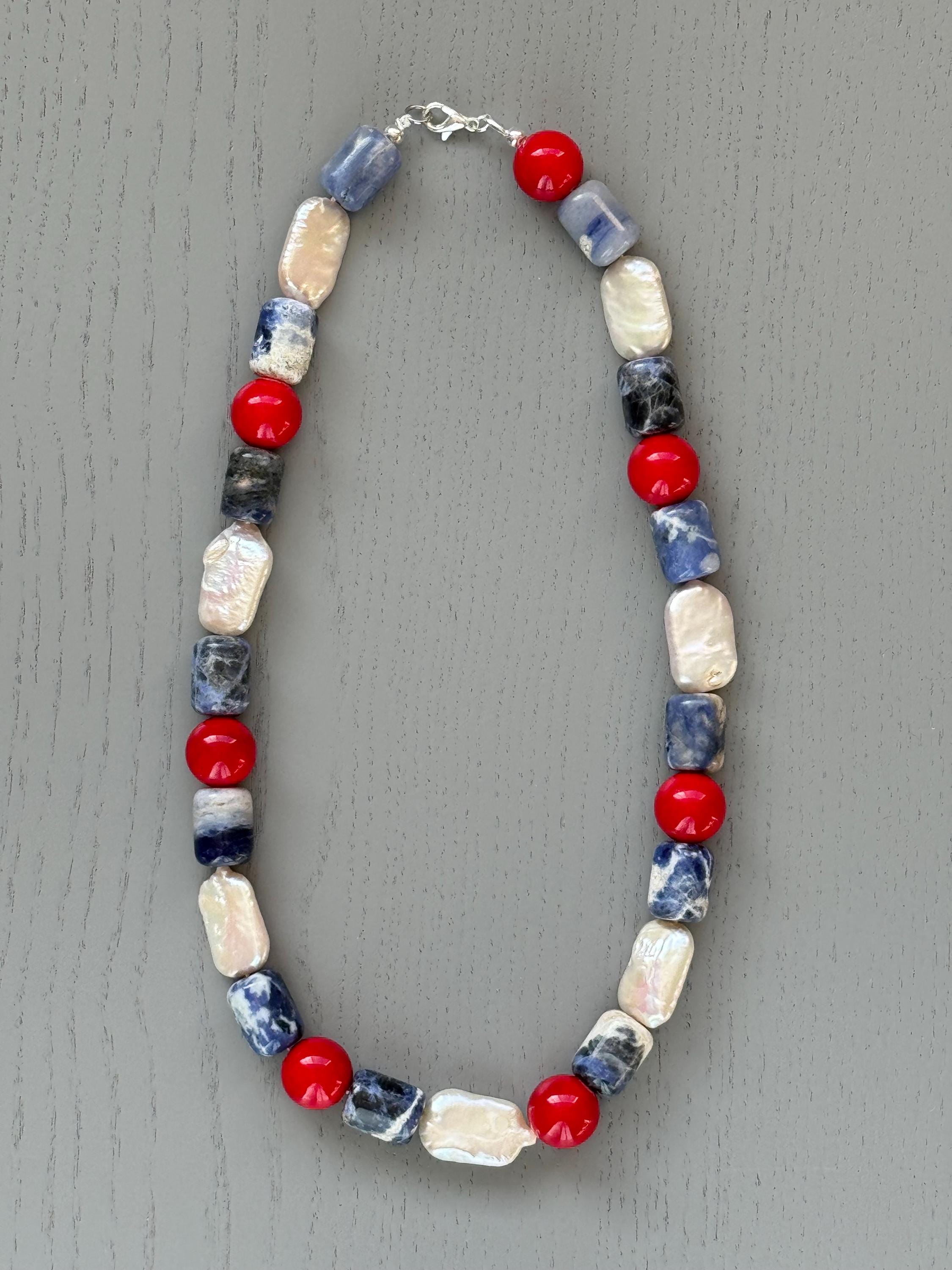 Sodalite Coral Baroque Pearl Necklace
