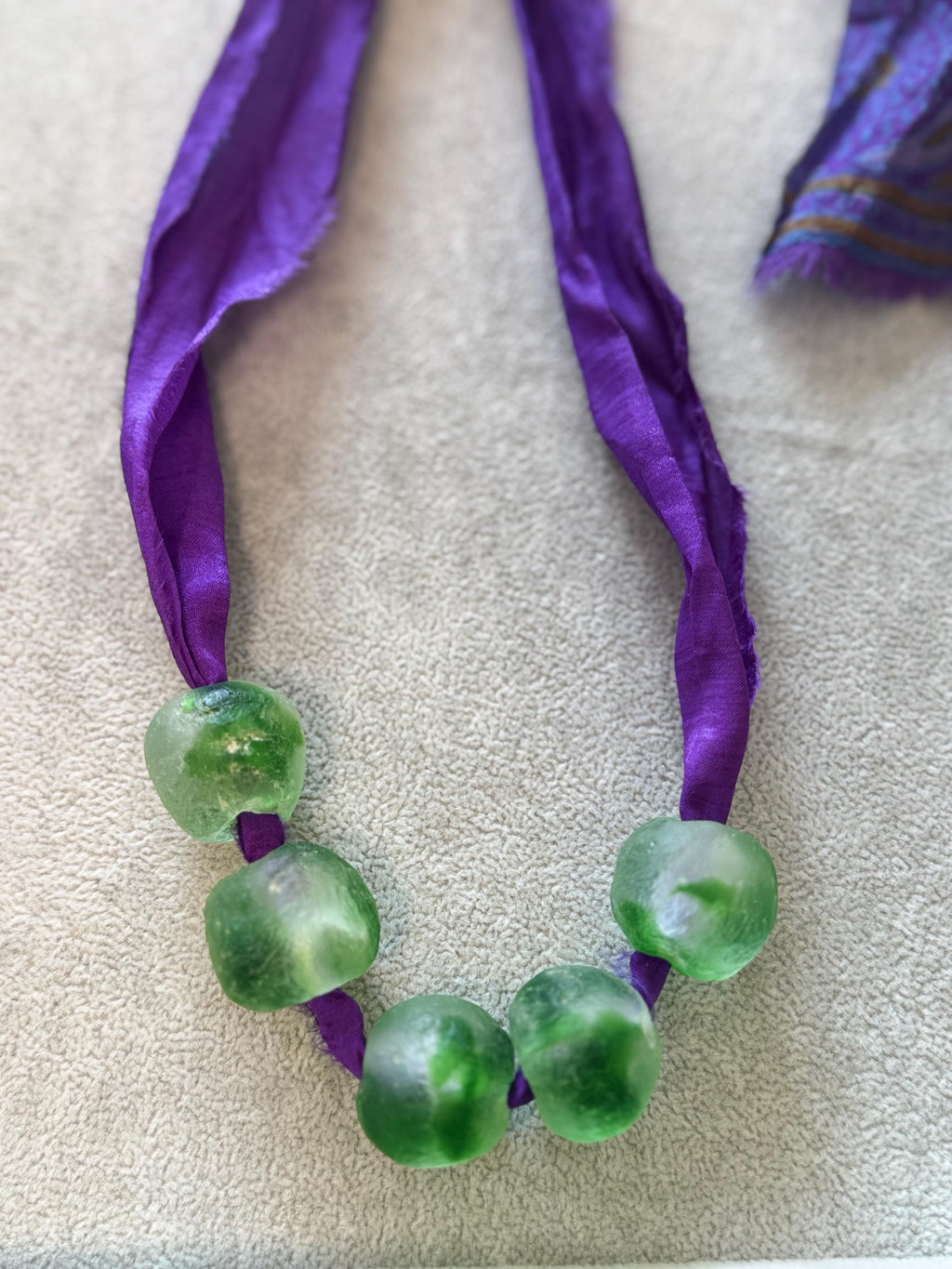 Recycled Glass Bead Necklace with Vintage Sari Silk