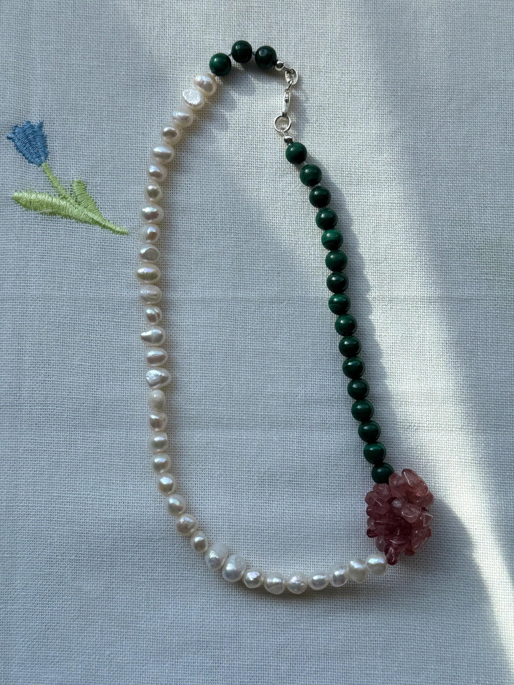 Malachite Pearl Strawberry Quartz Knotted Flower Necklace