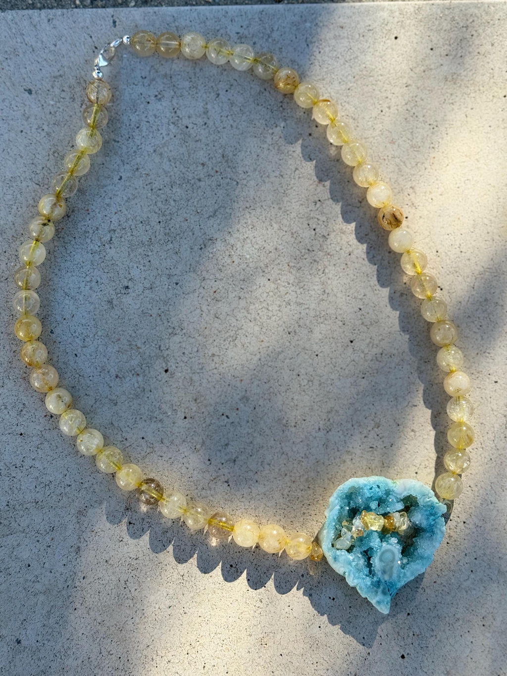 Rutilated Quartz Blue Druzy Heart Necklace