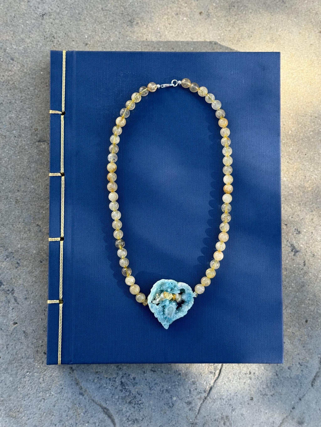 Rutilated Quartz Blue Druzy Heart Necklace
