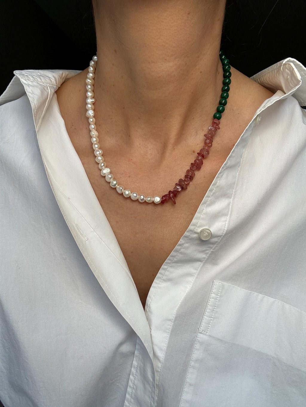 Malachite Pearl Strawberry Quartz Knotted Flower Necklace