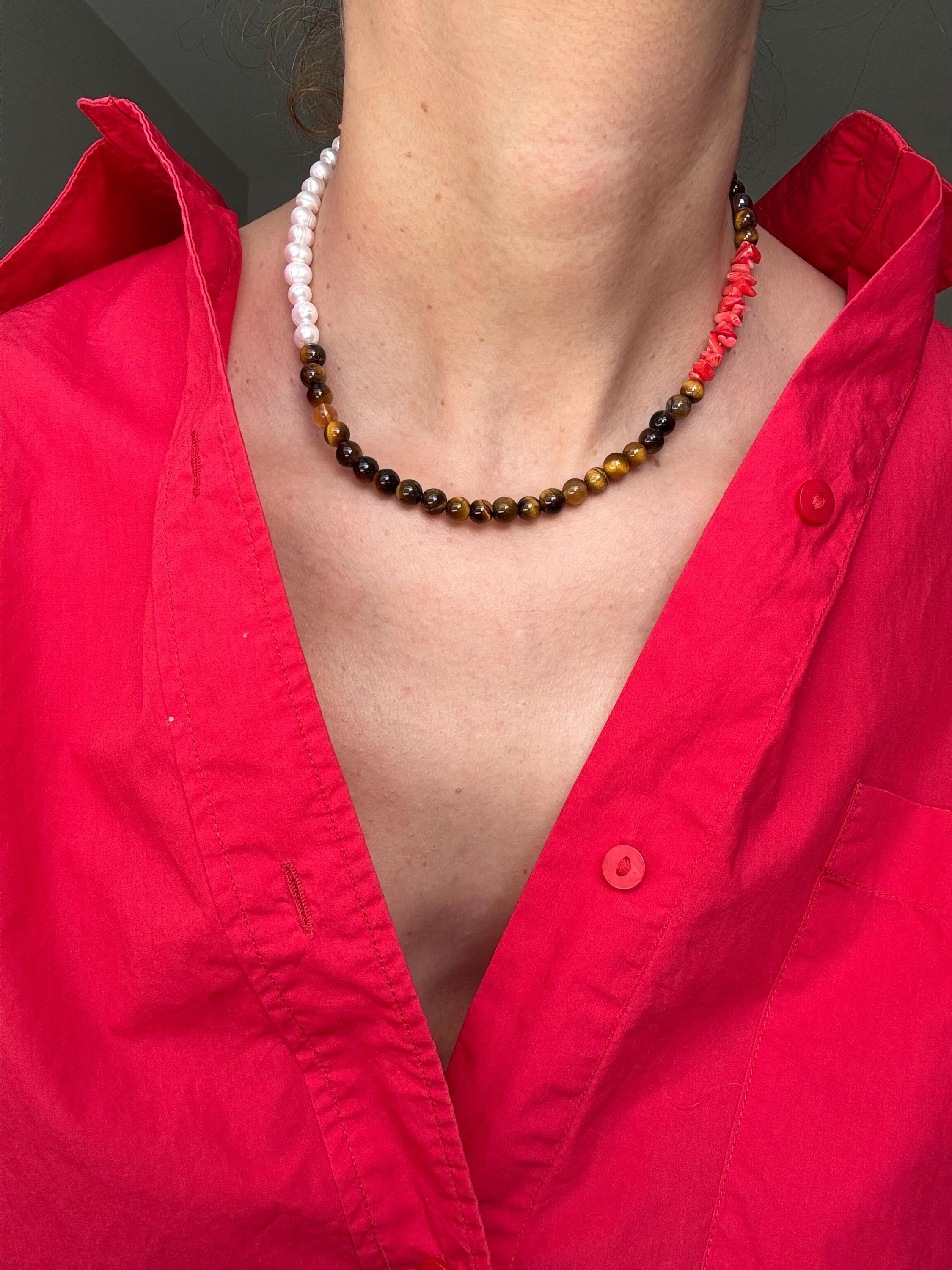 Tiger's Eye, Coral  Pearl Necklace
