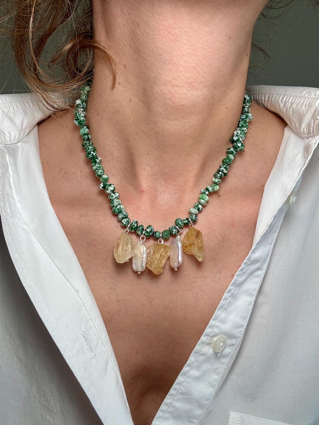 Green Jasper Pearl Citrine Necklace