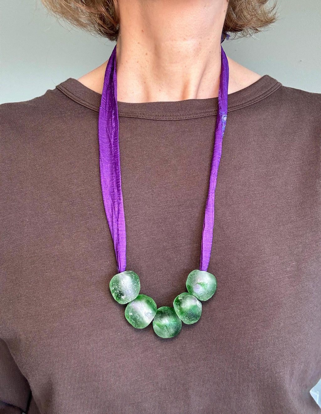 Recycled Glass Bead Necklace with Vintage Sari Silk