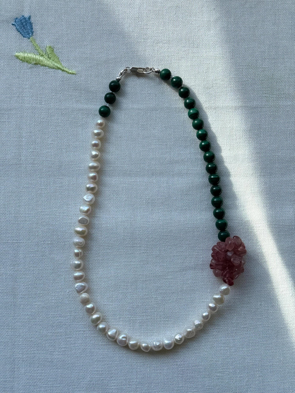 Malachite Pearl Strawberry Quartz Knotted Flower Necklace