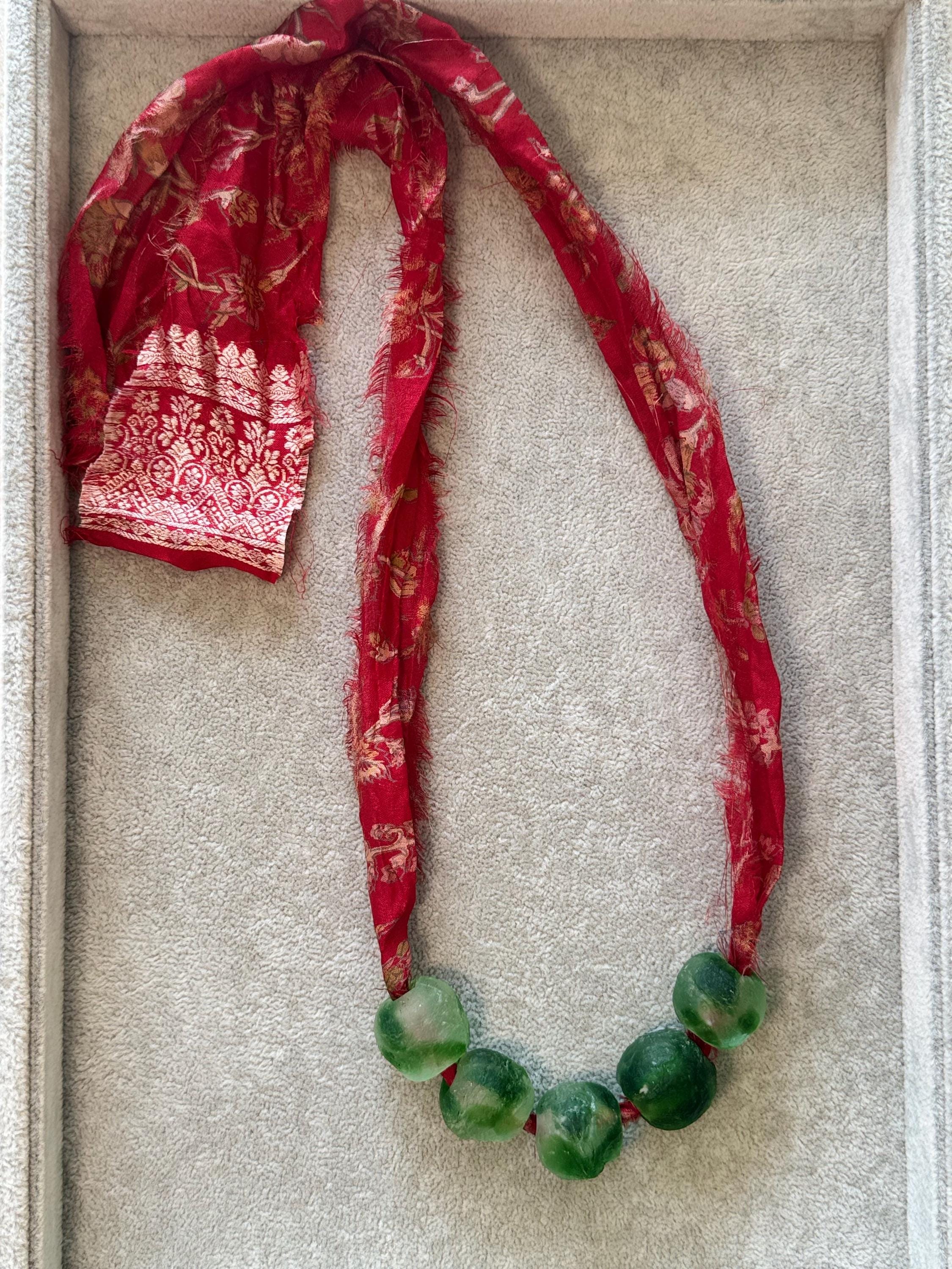 Recycled Glass Bead Necklace with Vintage Sari Silk