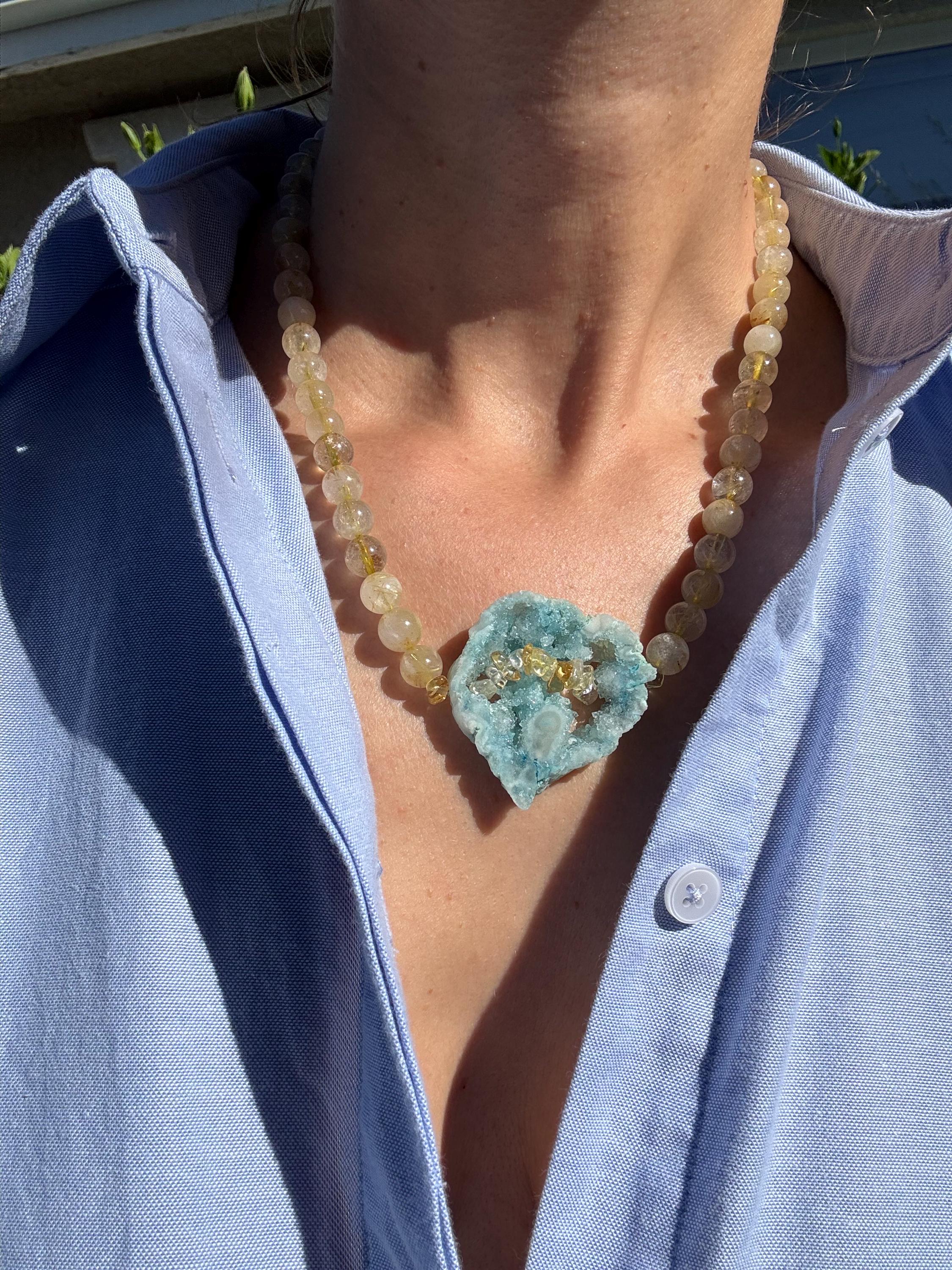 Rutilated Quartz Blue Druzy Heart Necklace