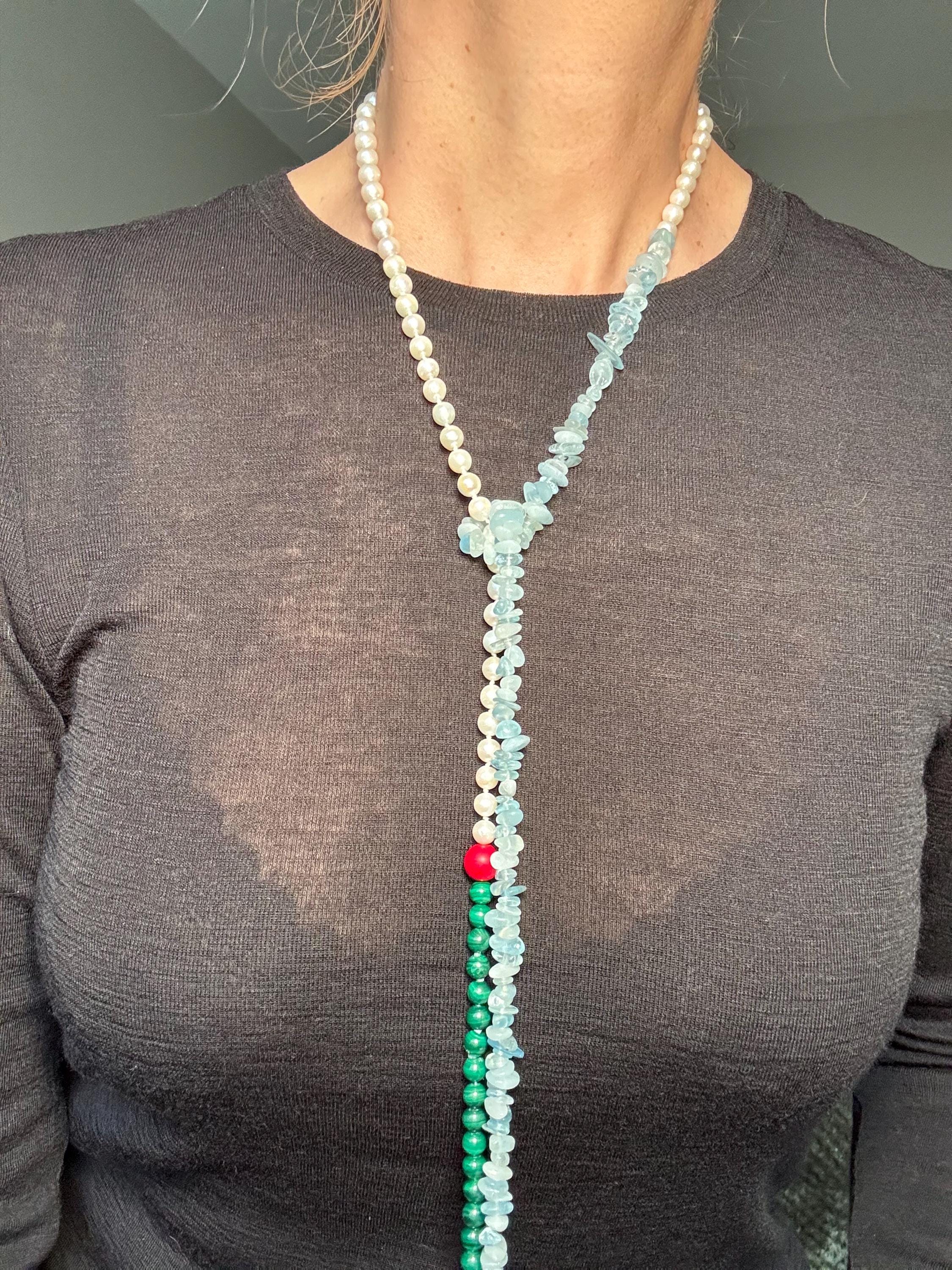 Pearl Malachite Aquamarine Coral Necklace
