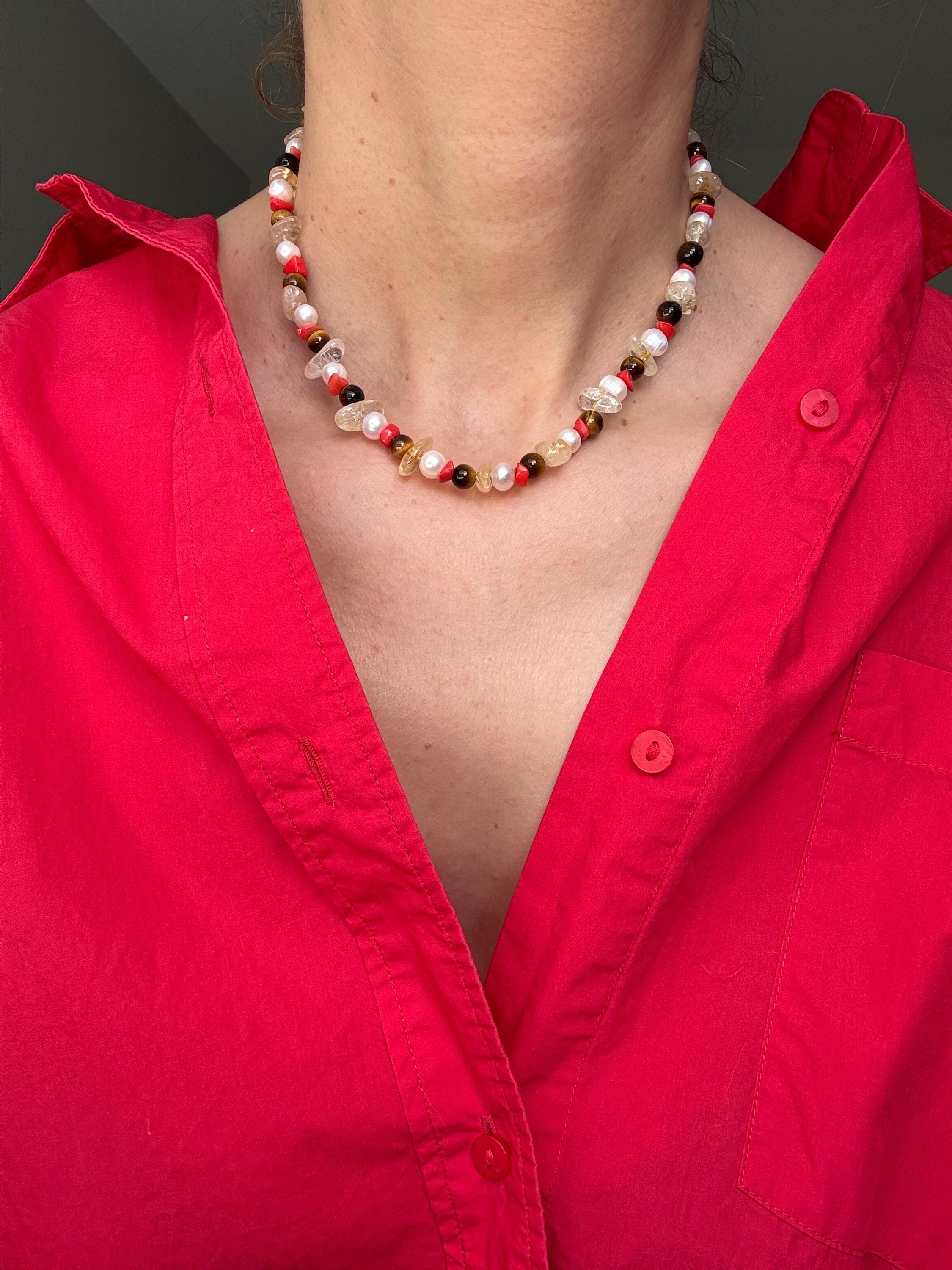 Tiger's Eye Pearl Coral Necklace