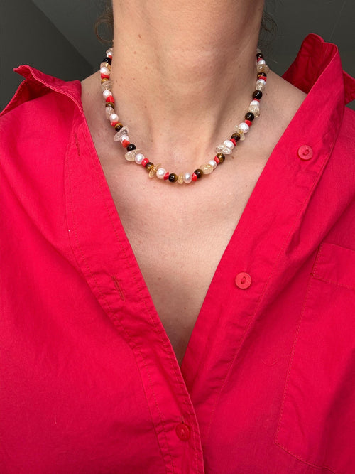 Amber Coast · No. 027 — Tiger's eye, pearl, coral & citrine Necklace