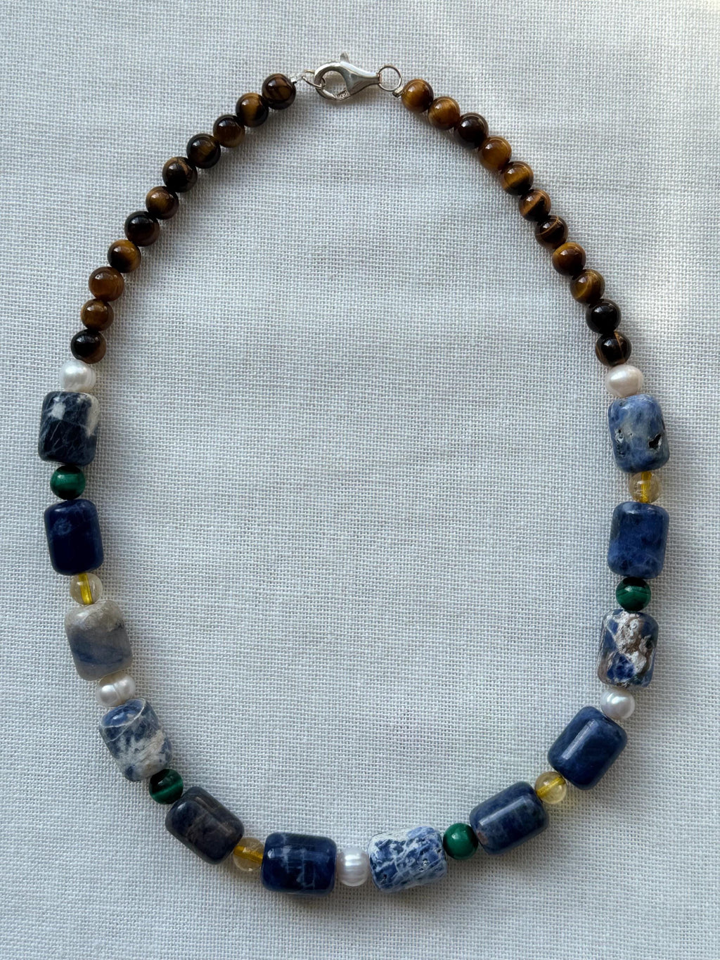 Five Stone Gemstone Necklace: Sodalite, Tiger's Eye, Pearl, Citrine, Malachite