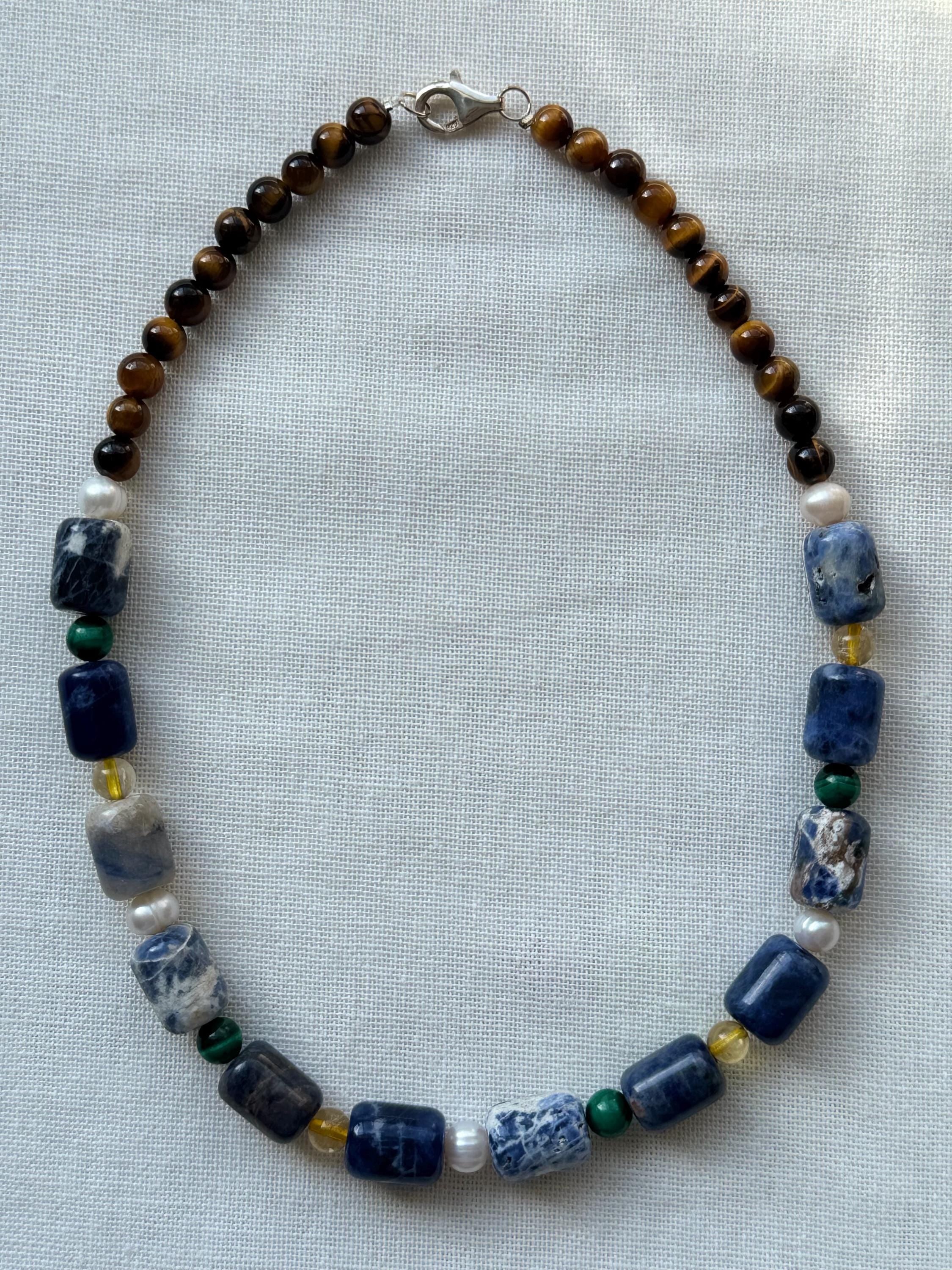 Five Stone Gemstone Necklace: Sodalite, Tiger's Eye, Pearl, Citrine, Malachite