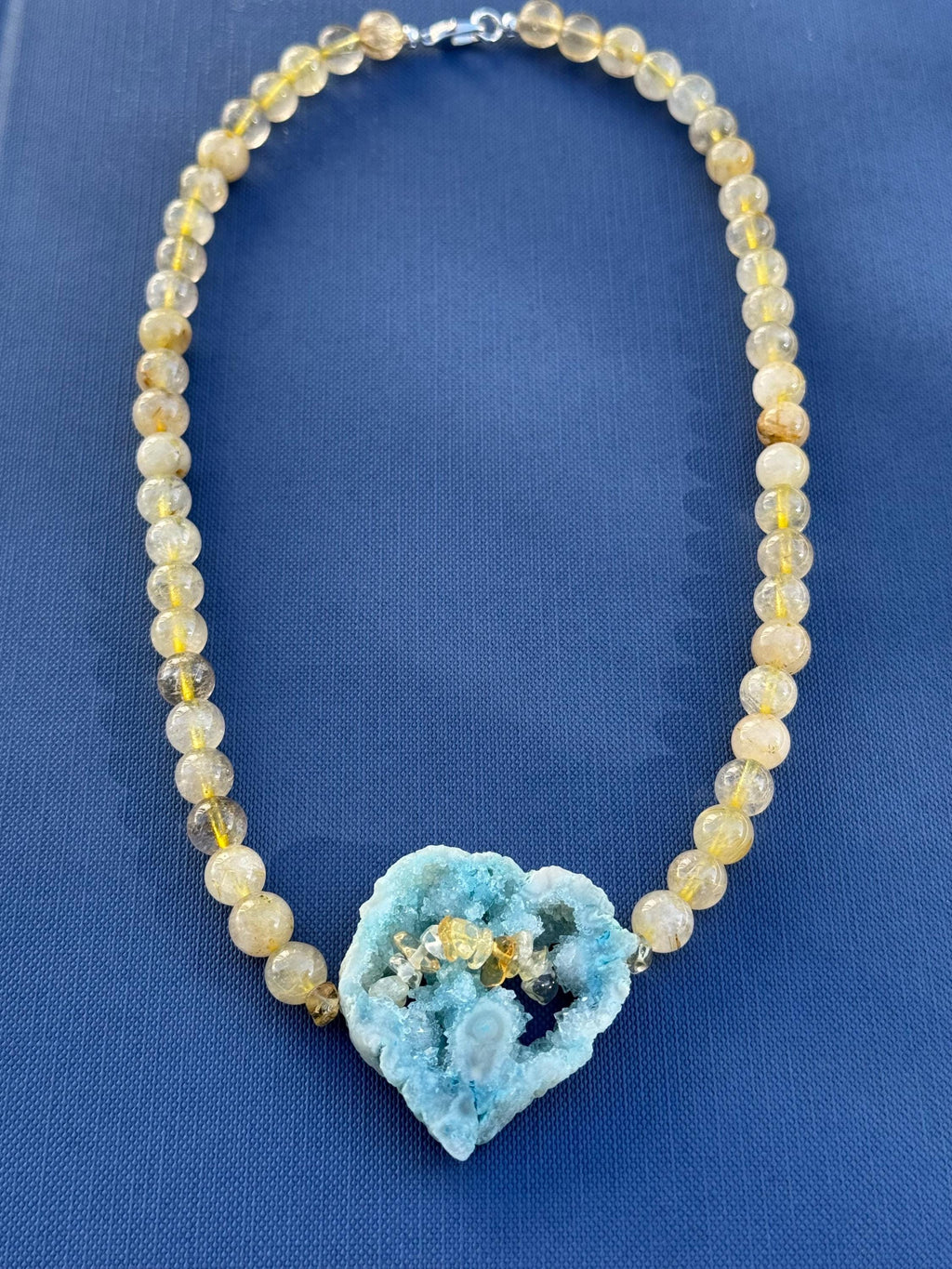 Rutilated Quartz Blue Druzy Heart Necklace