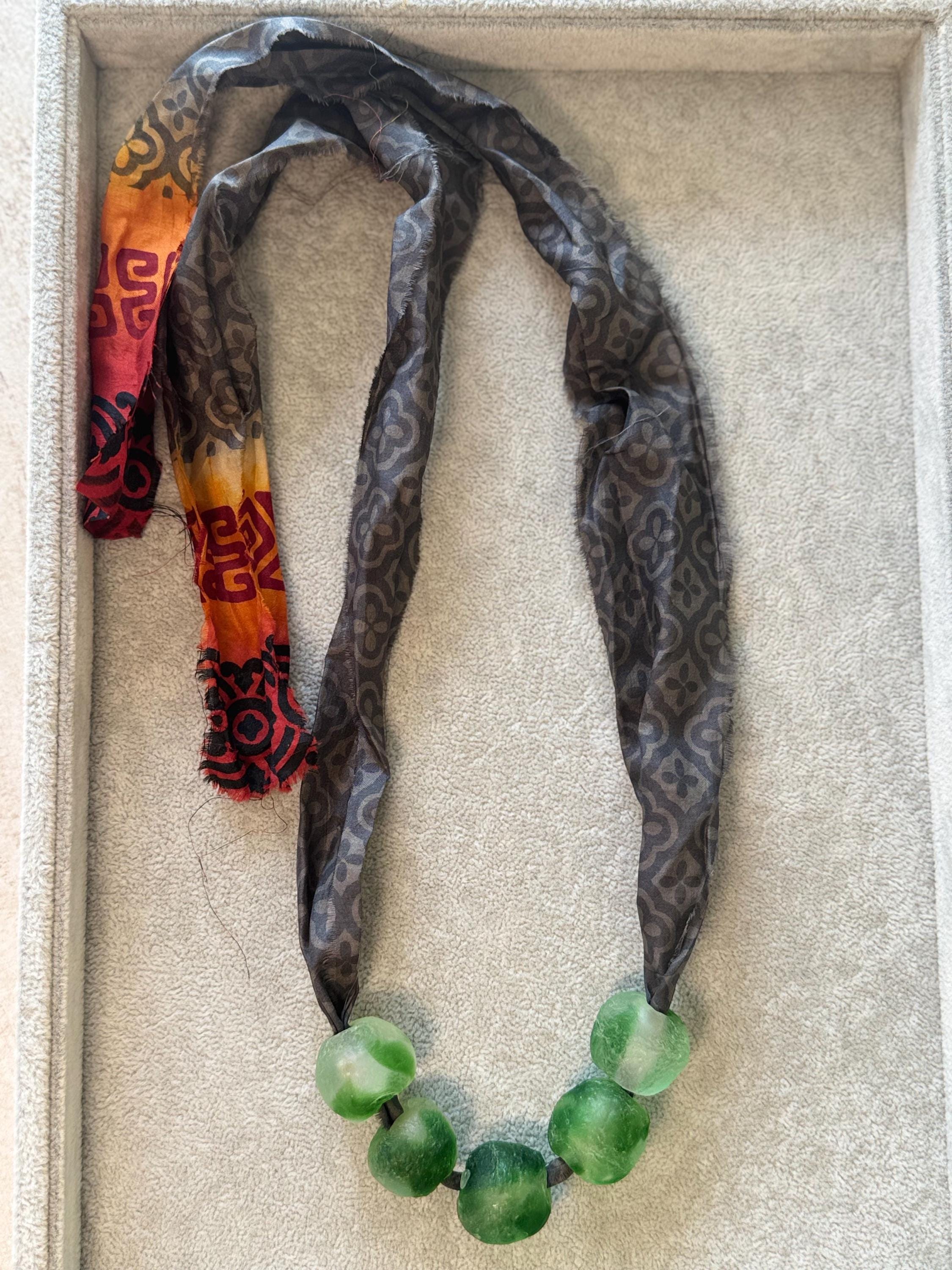 Recycled Glass Bead Necklace with Vintage Sari Silk