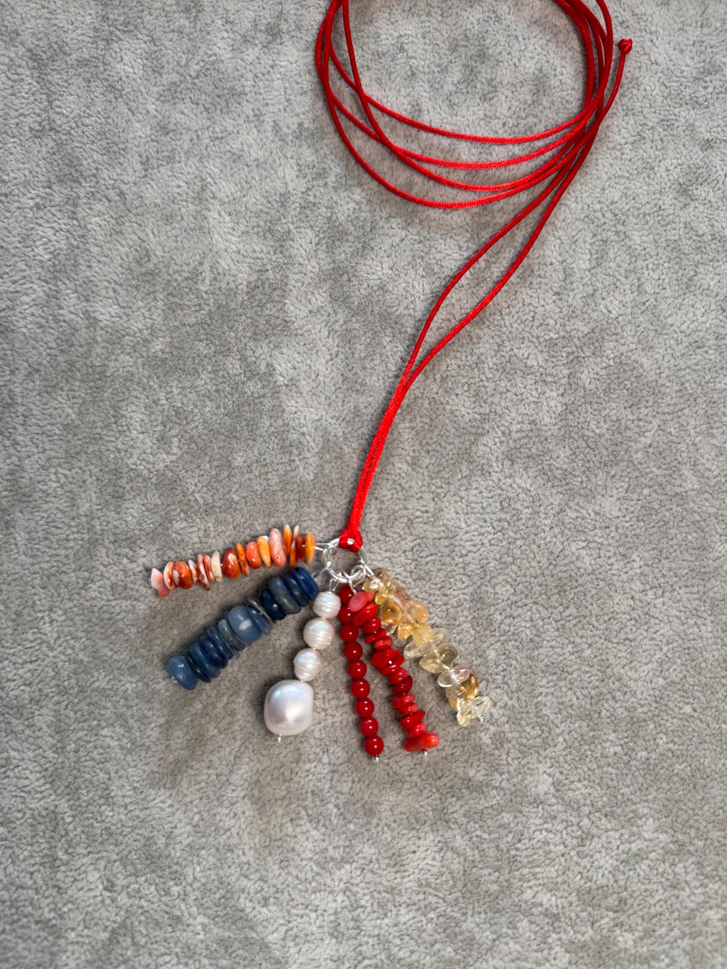 Red Silk Necklace with Mixed Gemstone Charms