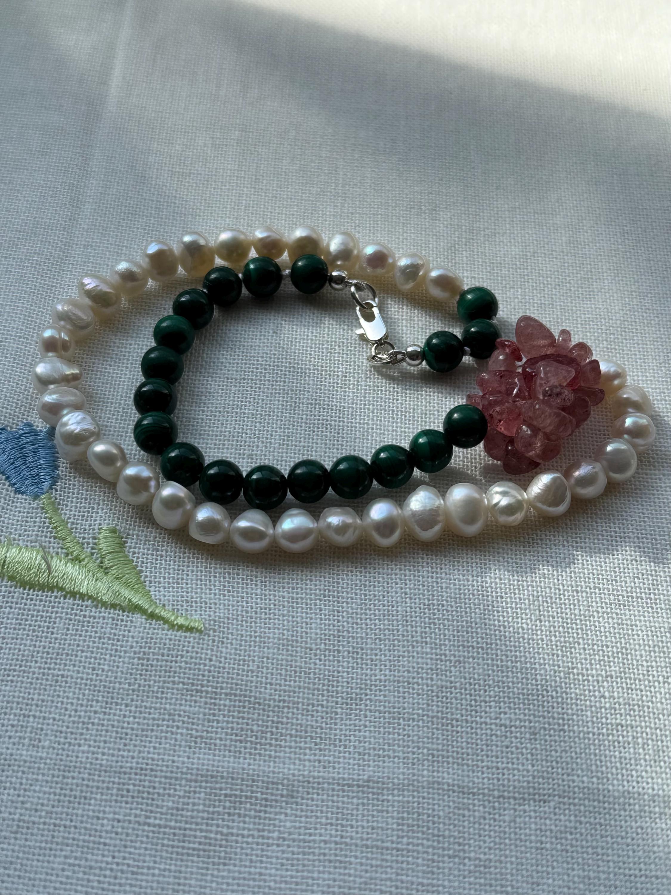 Malachite Pearl Strawberry Quartz Knotted Flower Necklace
