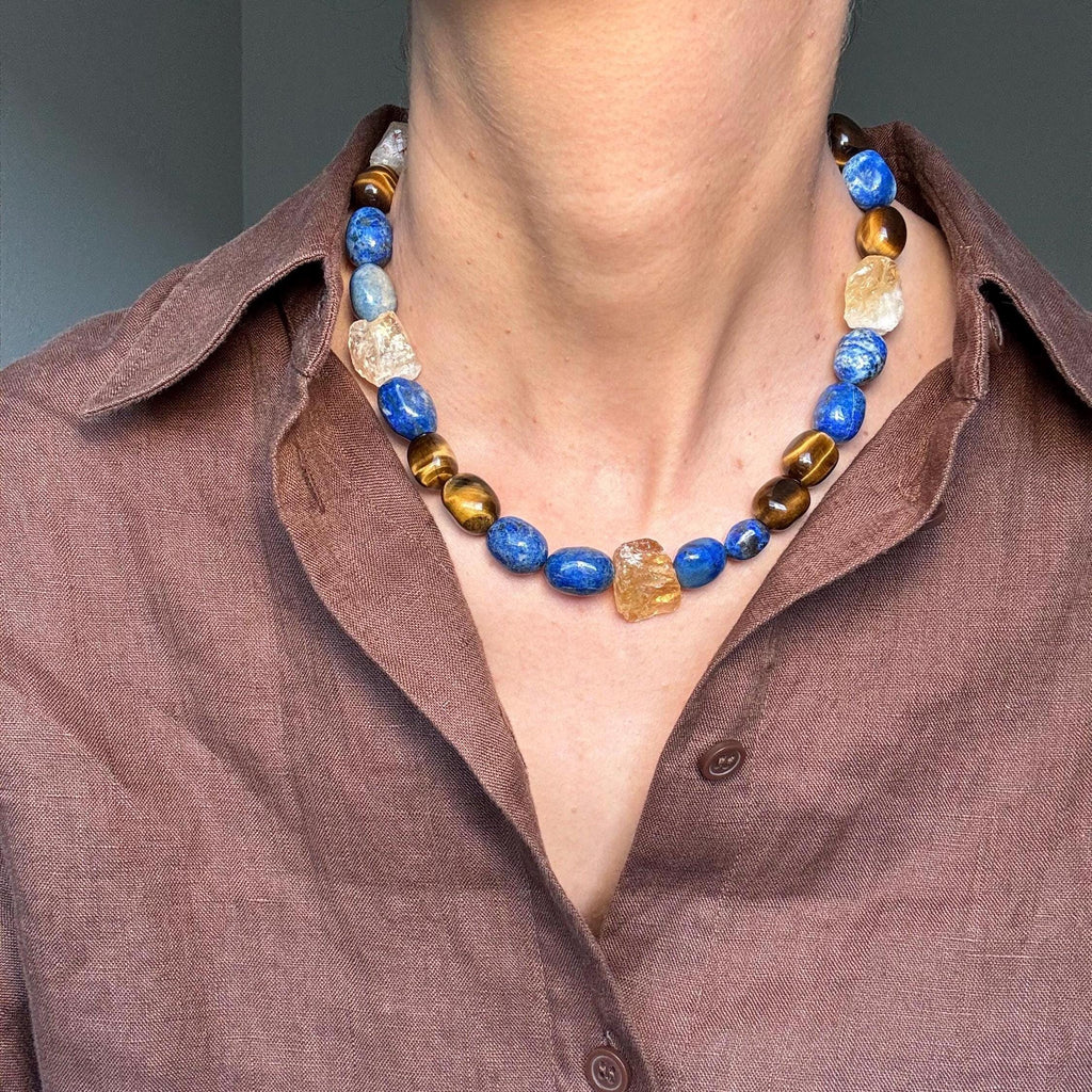 Lapis Lazuli, Tiger's Eye  Raw Citrine Necklace