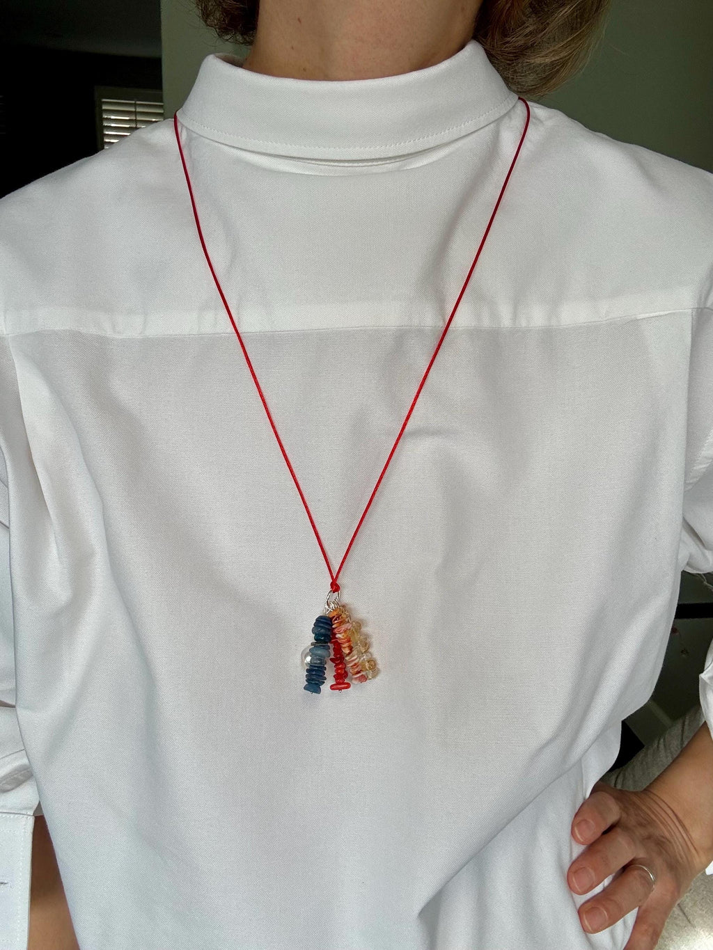 Red Silk Necklace with Mixed Gemstone Charms