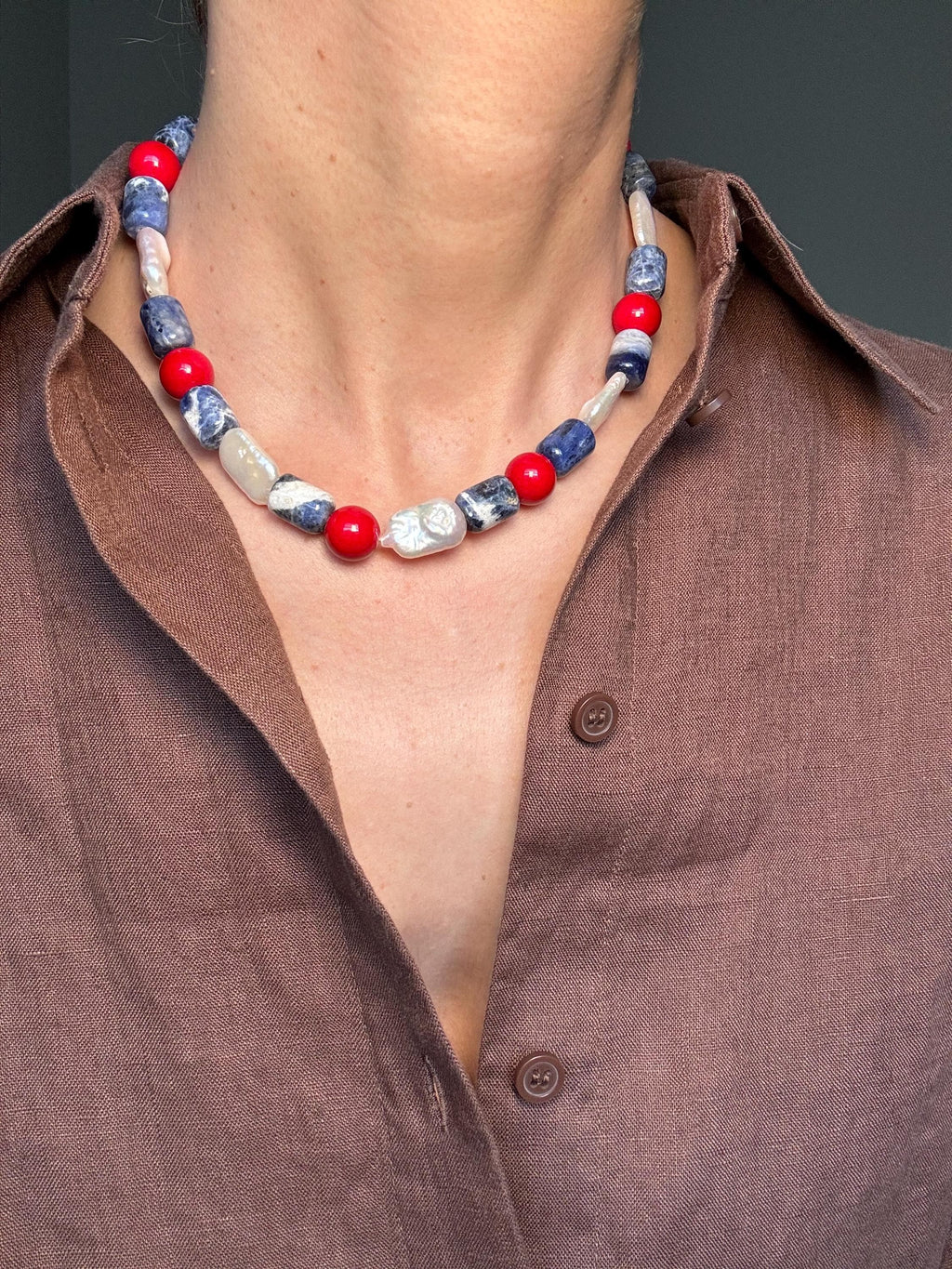 Sodalite Coral Baroque Pearl Necklace