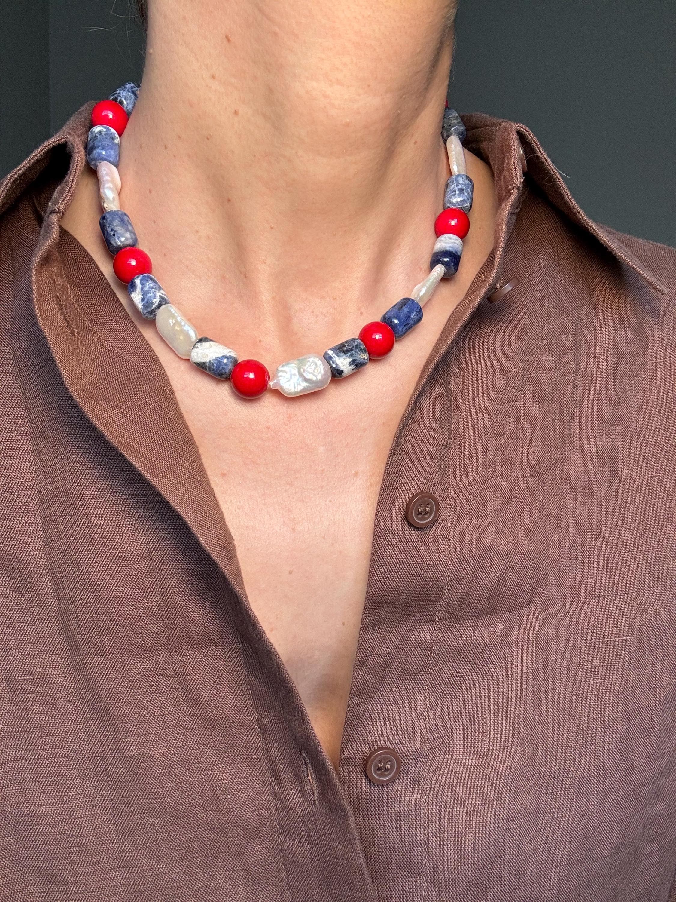 Sodalite Coral Baroque Pearl Necklace