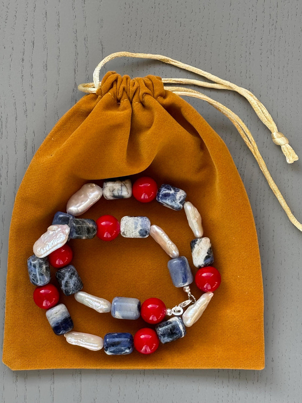 Sodalite Coral Baroque Pearl Necklace