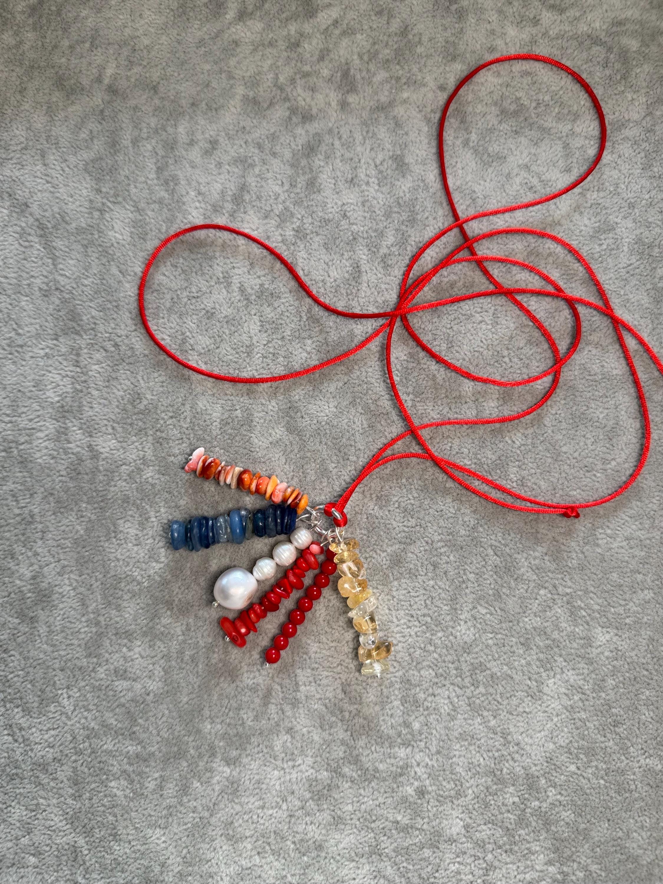 Red Silk Necklace with Mixed Gemstone Charms