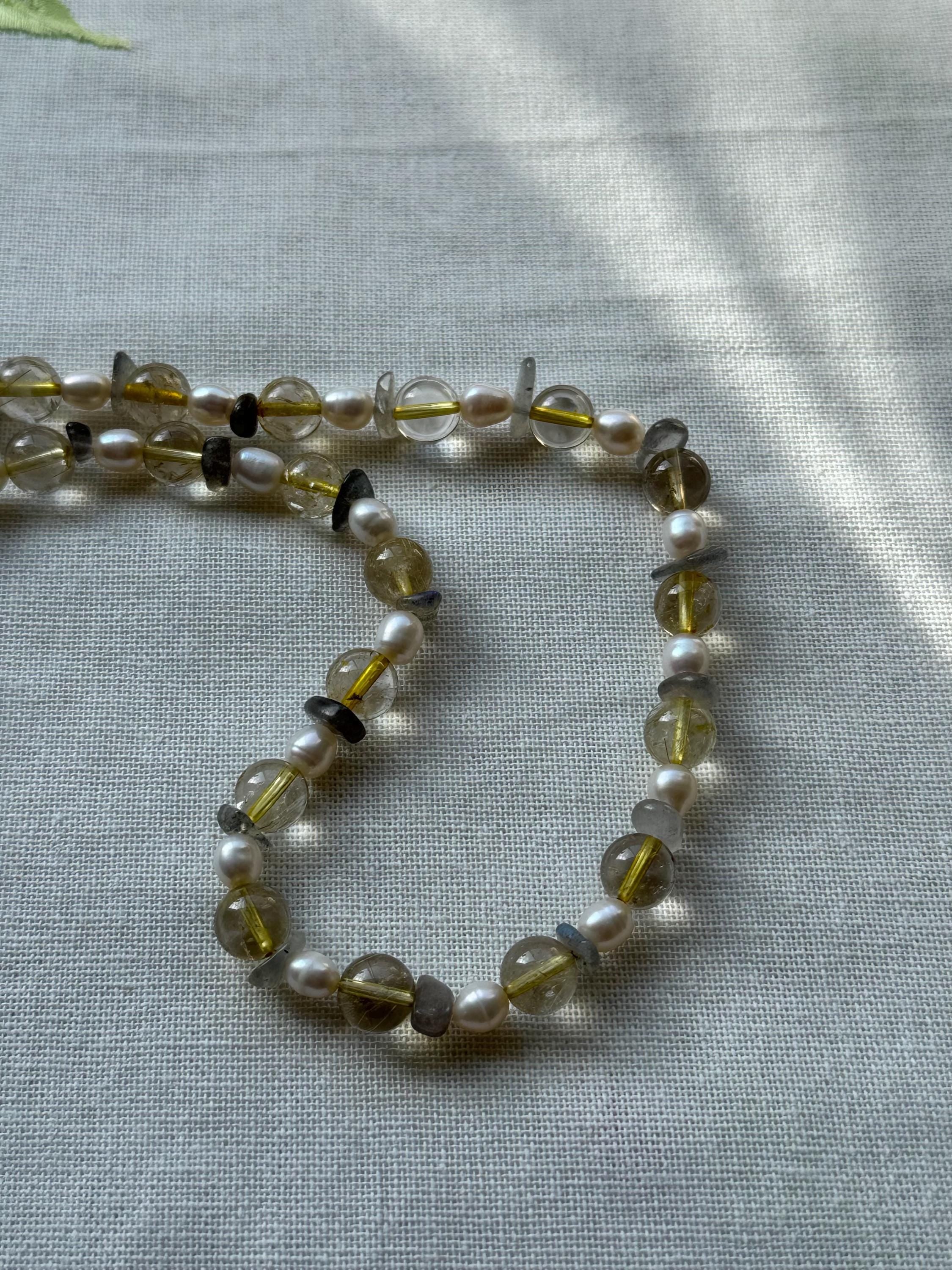 Golden Rutilated Quartz Necklace with Labradorite and Pearl