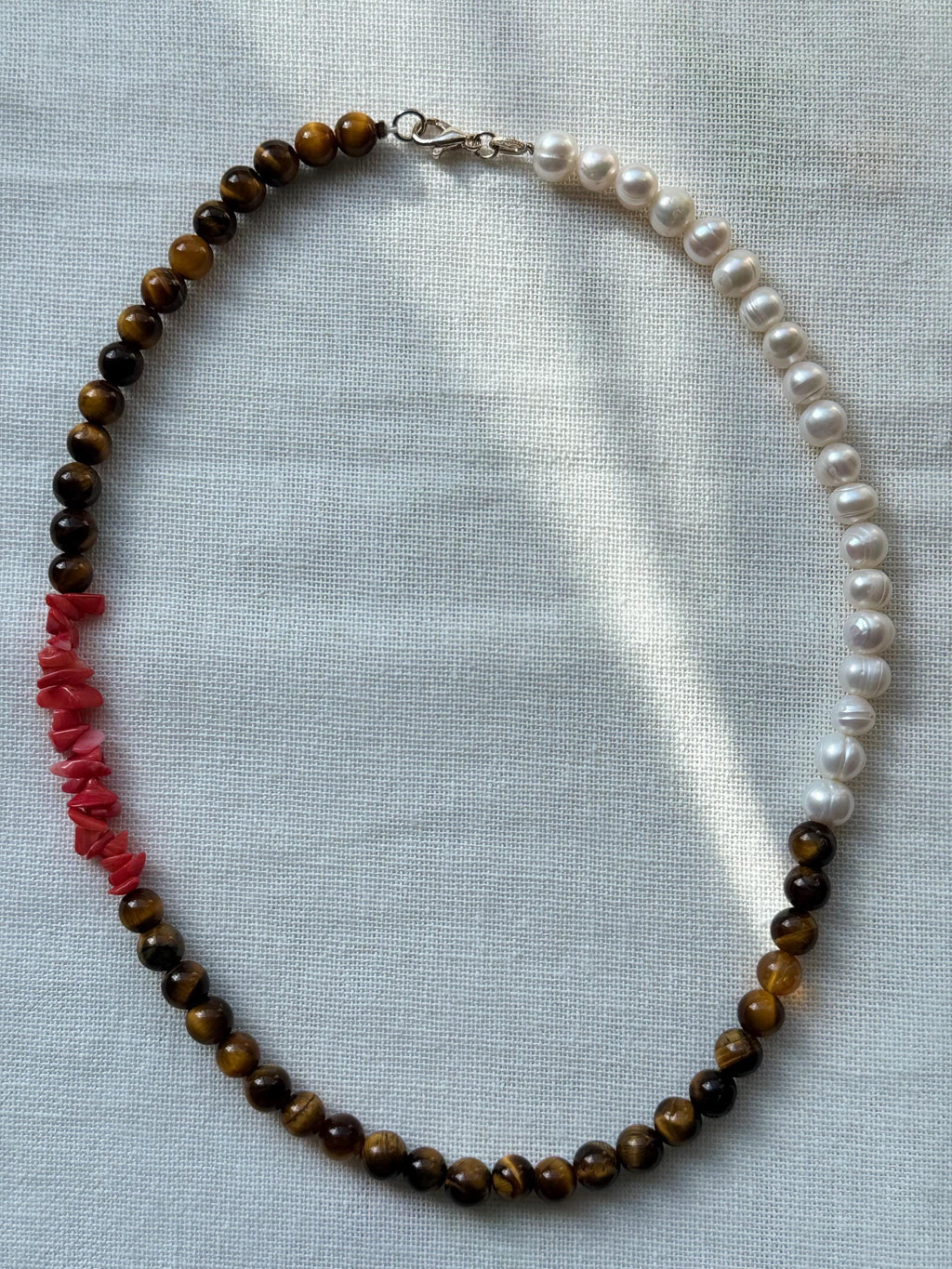 Tiger's Eye, Coral  Pearl Necklace