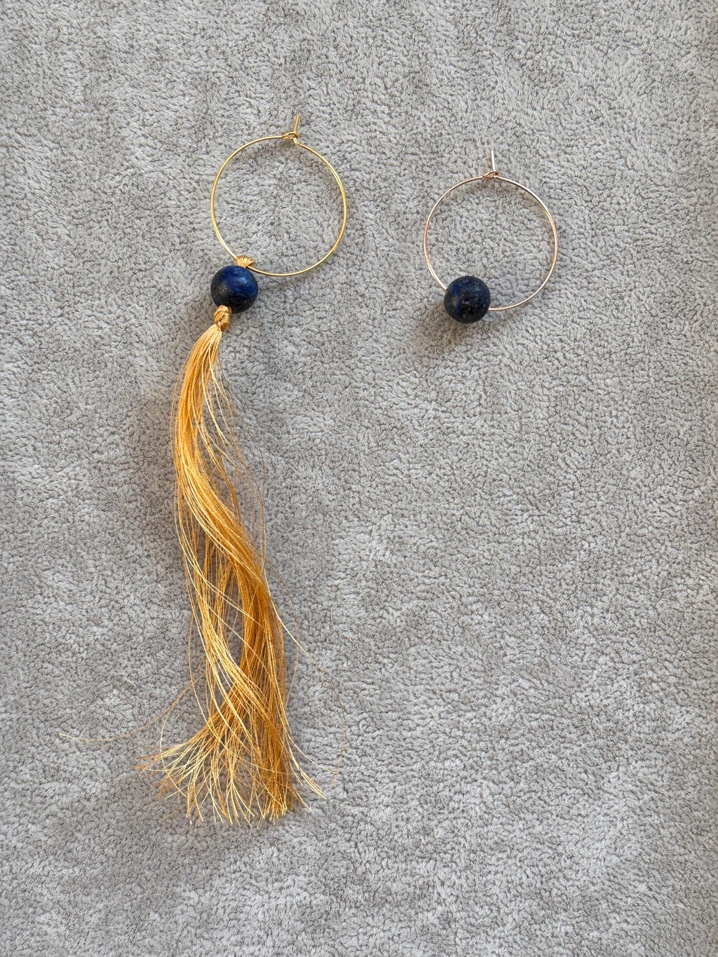Lapis Lazuli Asymmetrical Earrings with Gold Silk Thread