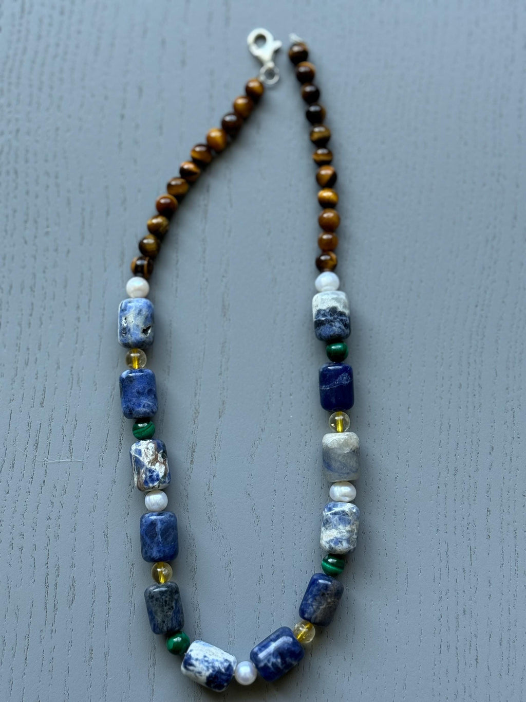 Five Stone Gemstone Necklace: Sodalite, Tiger's Eye, Pearl, Citrine, Malachite