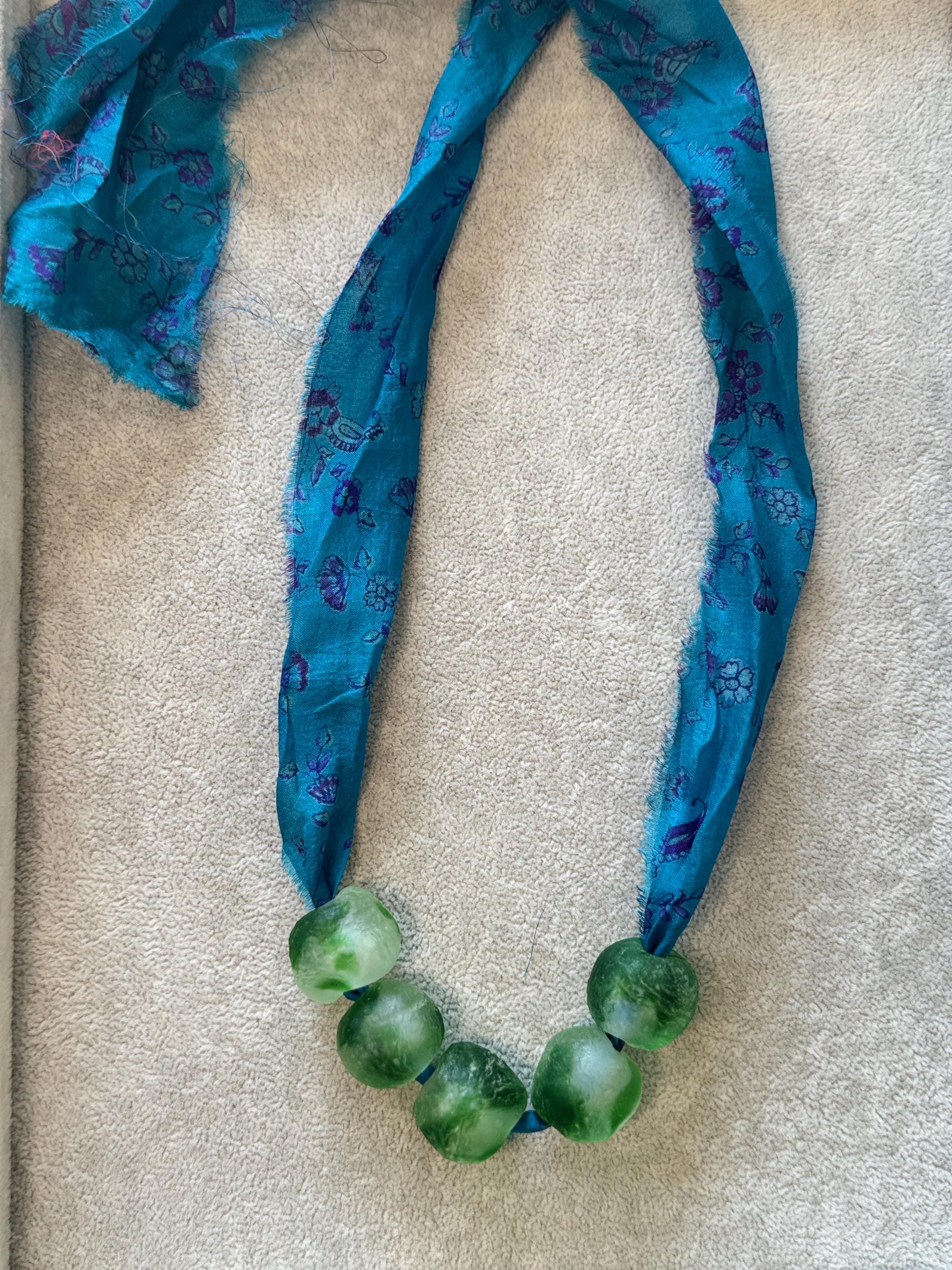 Recycled Glass Bead Necklace with Vintage Sari Silk