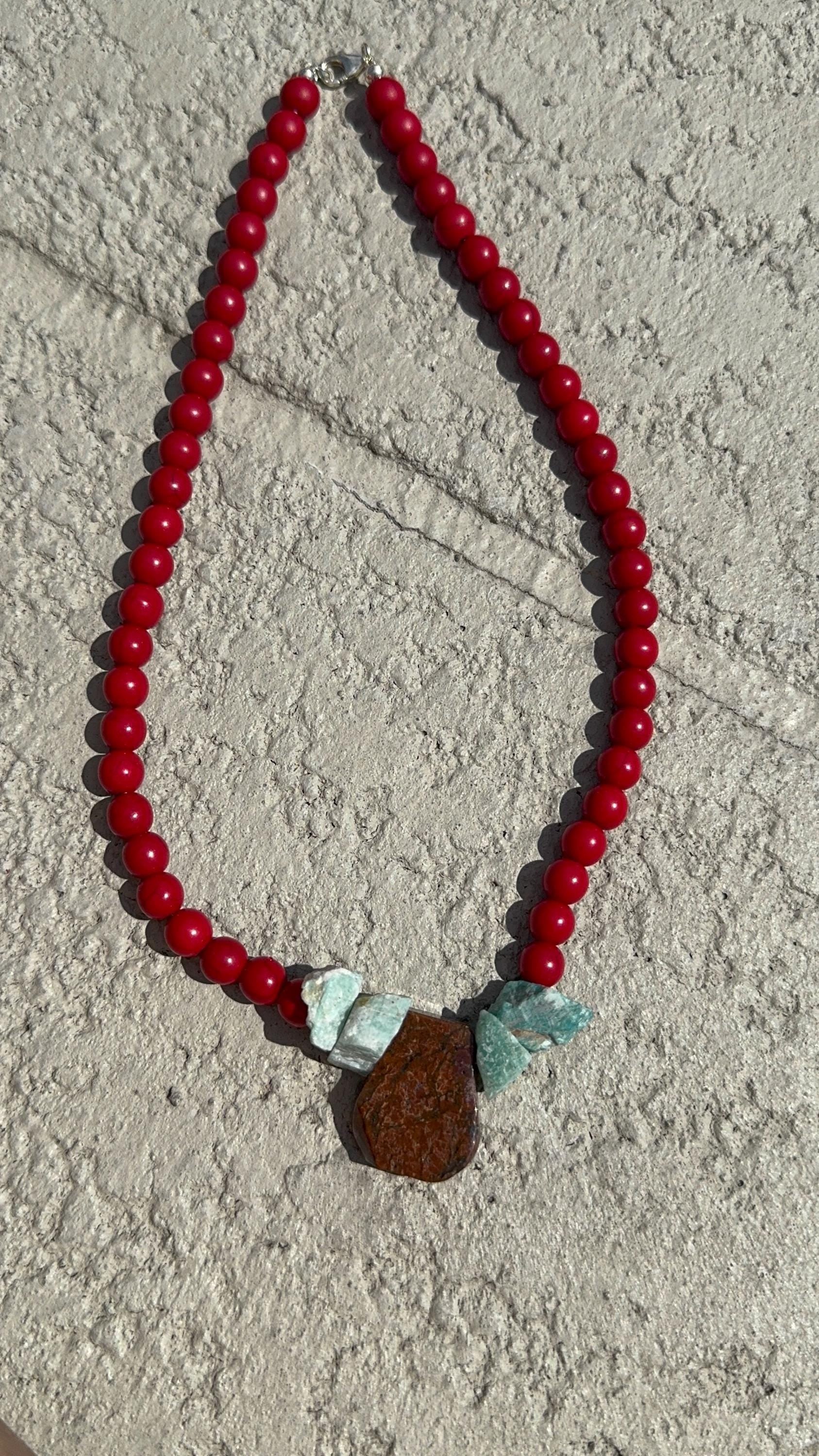 Raw Chrysoprase, Amazonite & Red Howlite Necklace