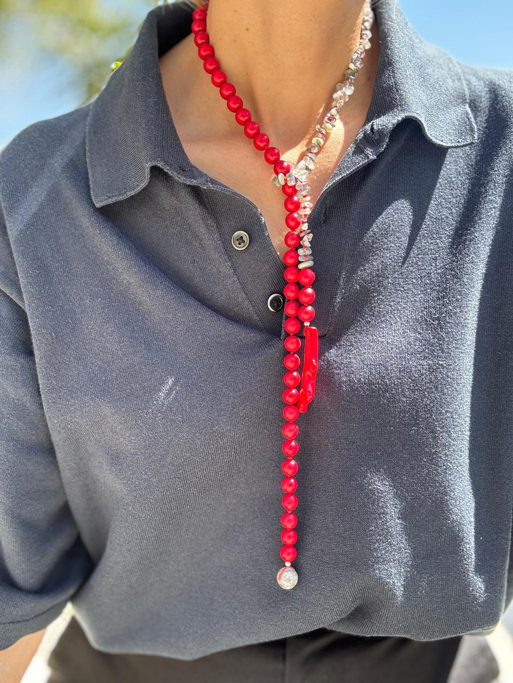 Vermilion · No. 059 — Labradorite, red howlite & coral lariat