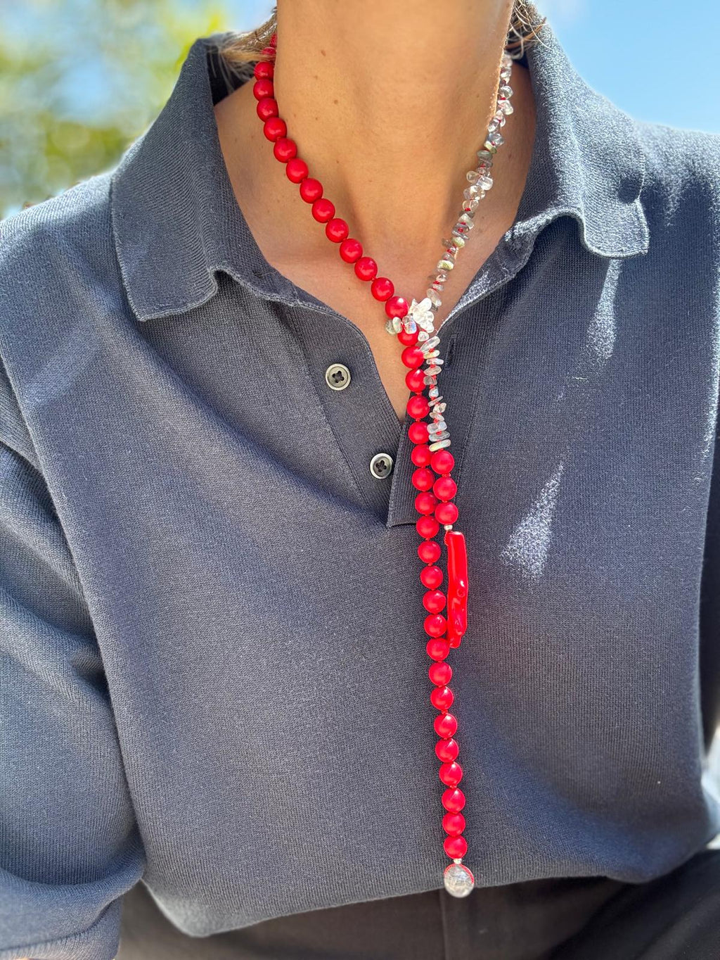 Vermilion · No. 059 — Labradorite, red howlite & coral lariat