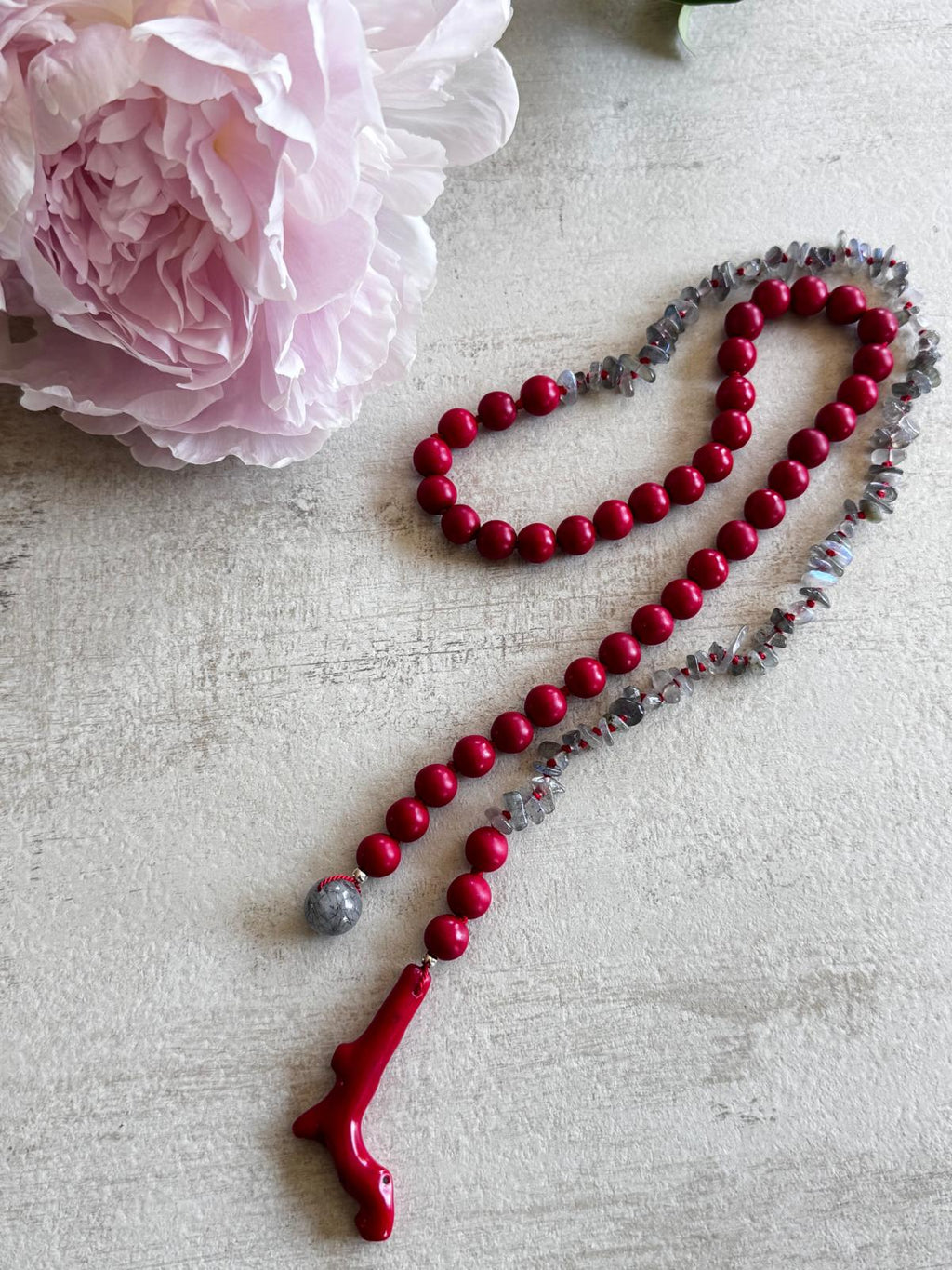 Vermilion · No. 059 — Labradorite, red howlite & coral lariat