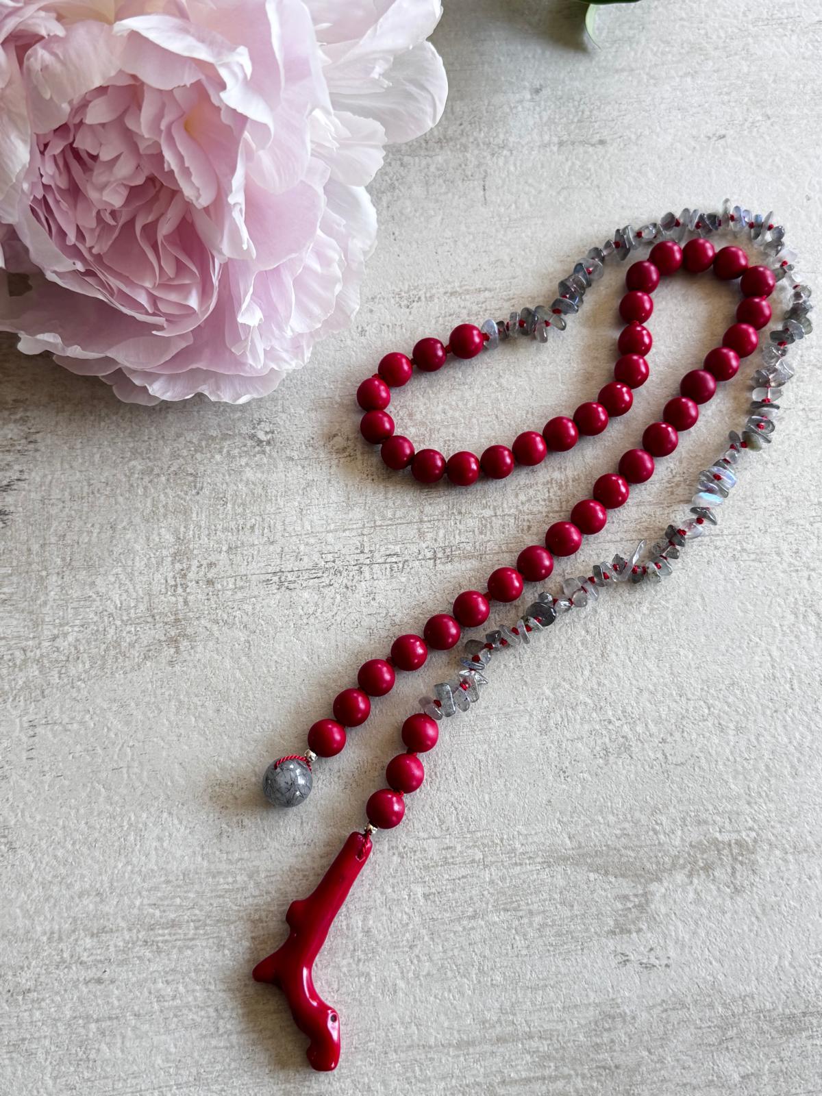 Vermilion · No. 059 — Labradorite, red howlite & coral lariat