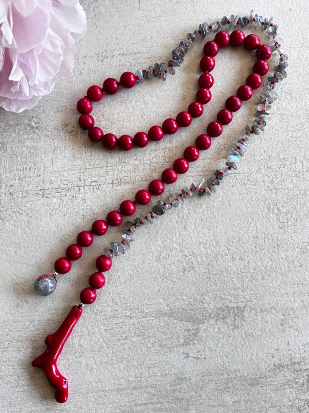 Vermilion · No. 059 — Labradorite, red howlite & coral lariat